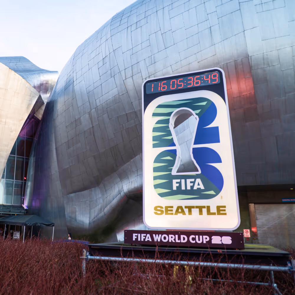 FIFA World Cup 2026 countdown display outside MOPOP Seattle.