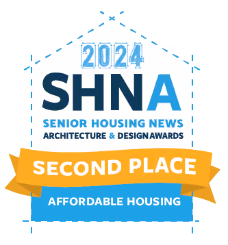 2024 SHNA Senior Housing News Architecture & Design Awards second place ribbon for affordable housing inside a house outline.