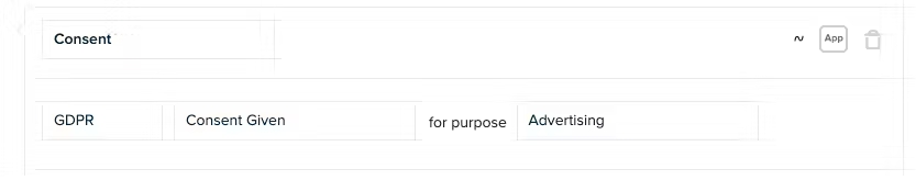 A GDPR consent record showing "Consent Given" for the purpose of "Advertising" under a section labeled “Consent” in a web-based application interface.