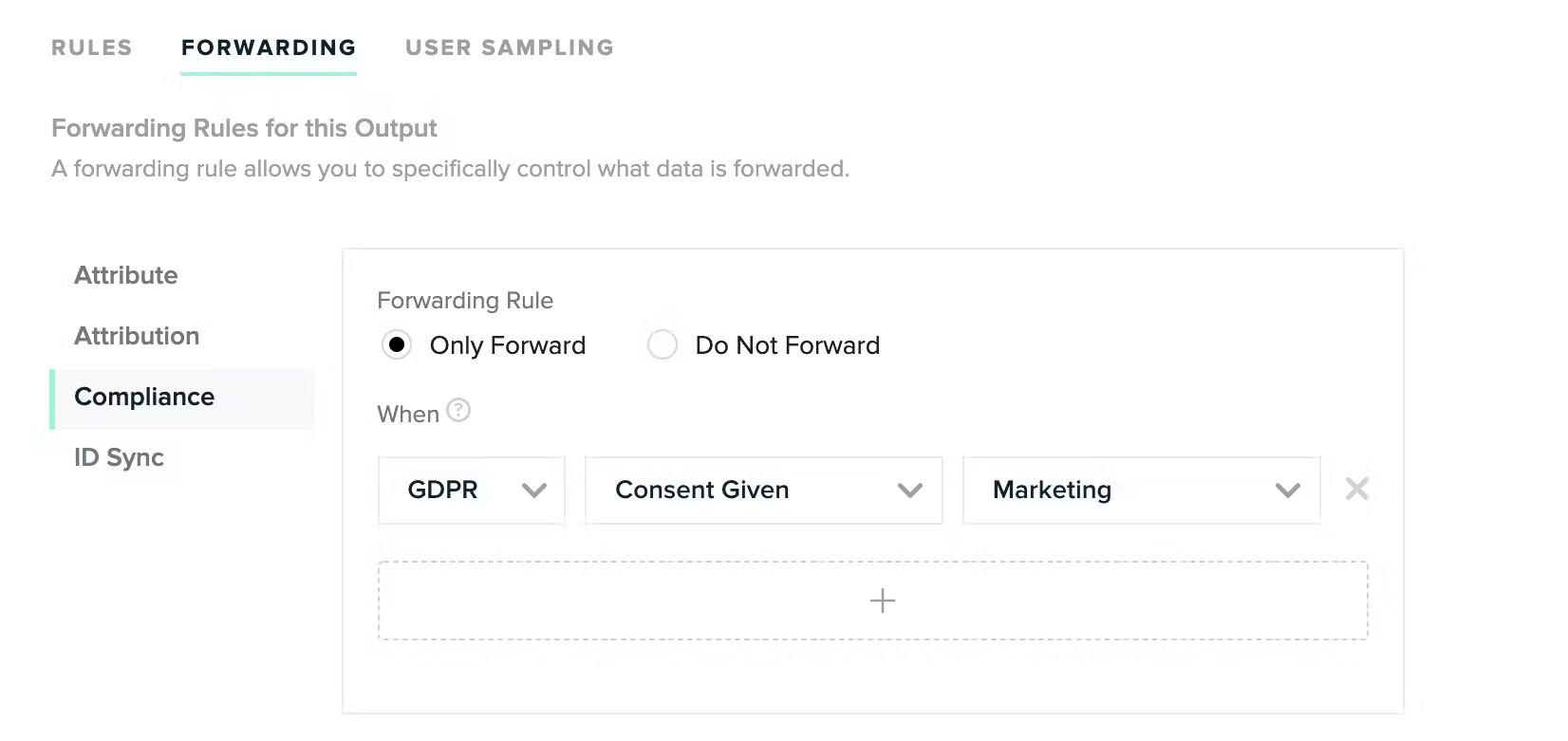 A data forwarding rule interface showing a GDPR compliance condition. “Only Forward” is selected when “Consent Given” is marked for the purpose of “Marketing” under the Compliance tab.