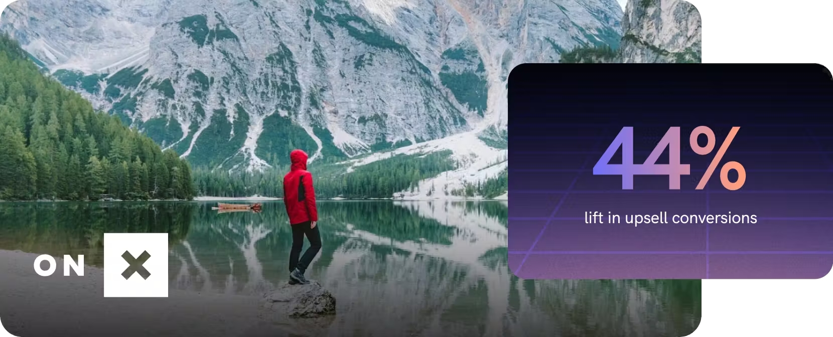 A stock image of someone hiking with the onX logo and a stat from Rokt mParticle
