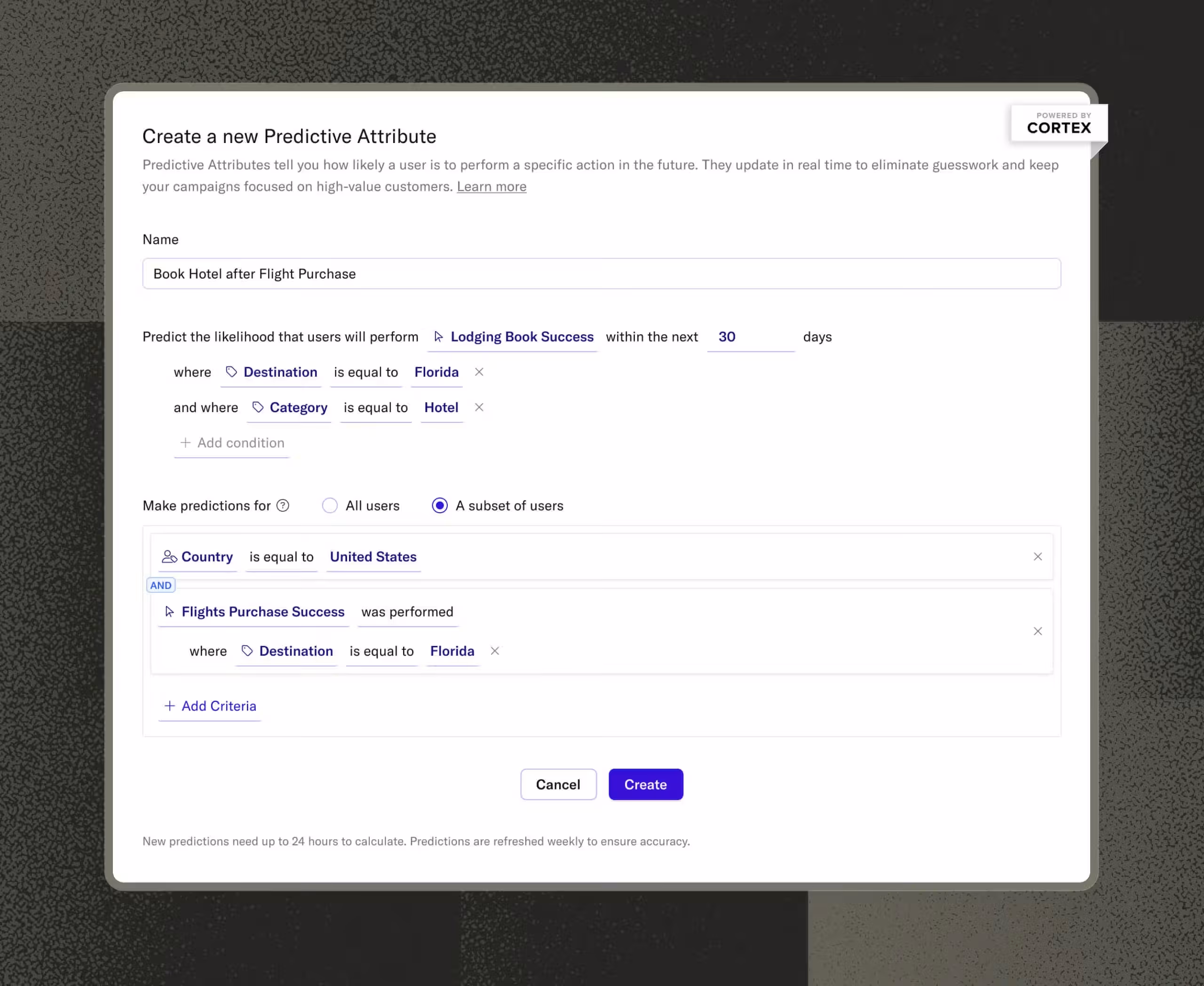 Screenshot of UI for creating a predictive attribute titled "Book Hotel after Flight Purchase," with criteria for location and user subset.