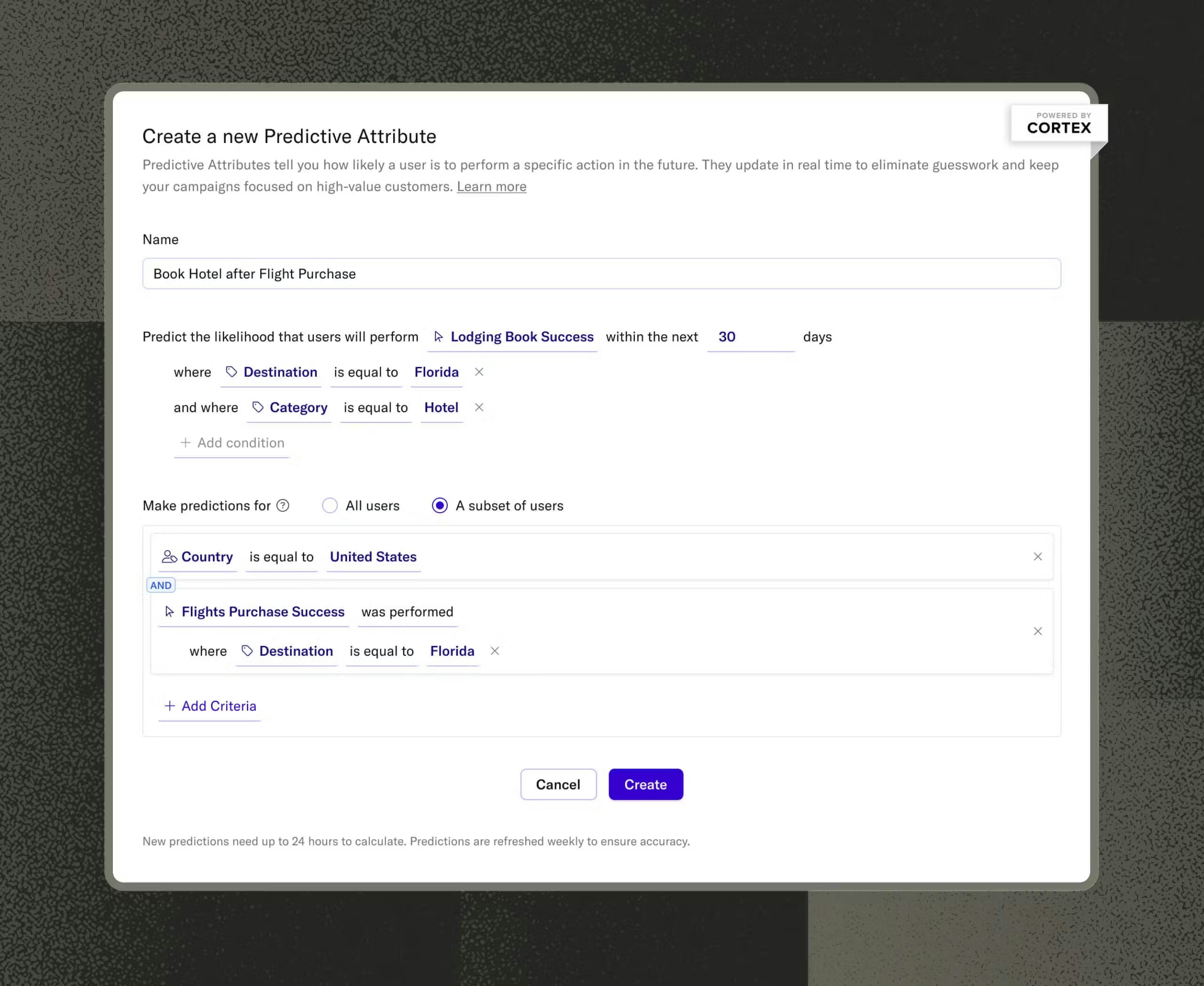 Screenshot of UI for creating a predictive attribute titled "Book Hotel after Flight Purchase," with criteria for location and user subset.