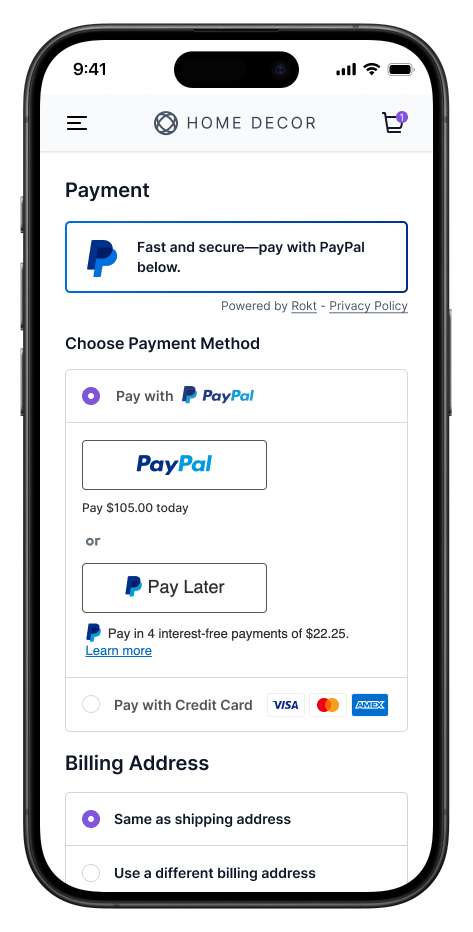 A mobile checkout screen for "Home Decor" displays payment options. At the top, a banner promotes PayPal as a fast and secure payment method. Below, users can choose to "Pay with PayPal" for $105.00 or select "Pay Later" to split the amount into four interest-free payments of $22.25. A third option allows payment by credit card, with icons for Visa, Mastercard, and Amex. The billing address section appears beneath, with options to use the shipping address or enter a different one.