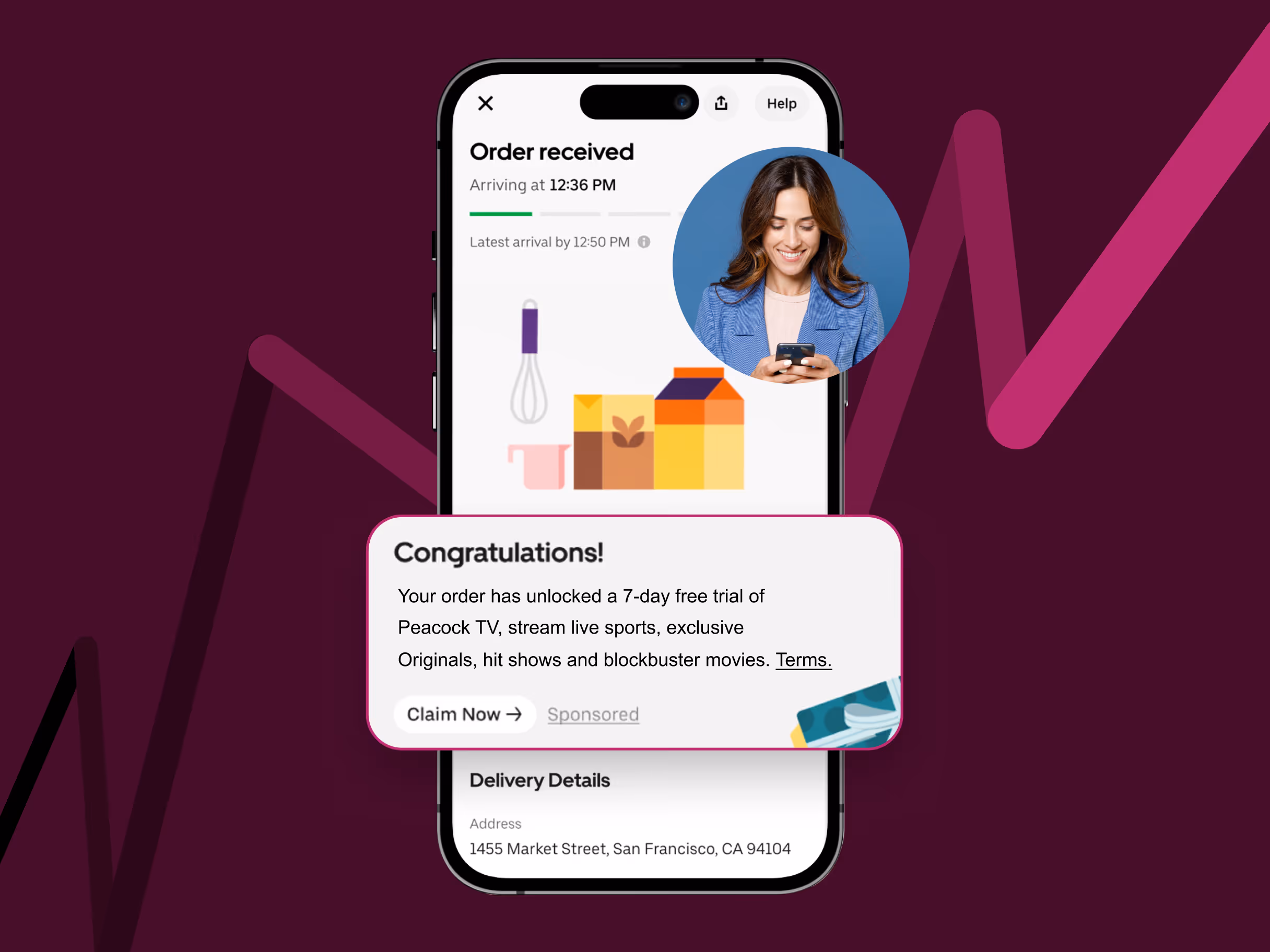 A mobile phone screen closeup with a confirmation page and an overlay of a relevant ROkt ad offer.