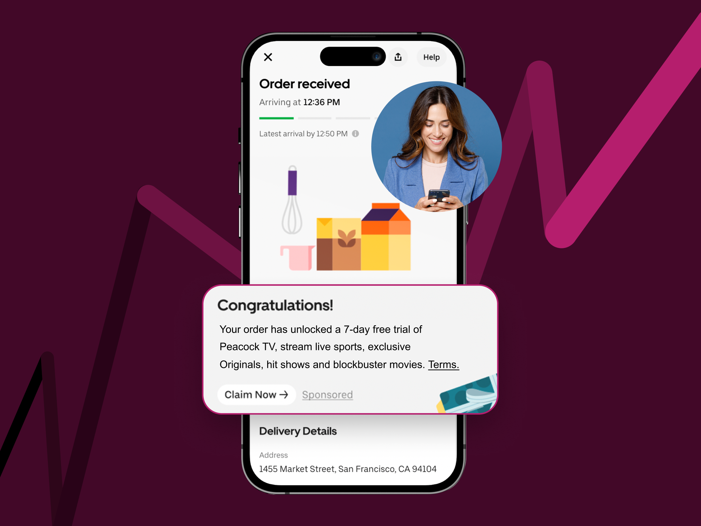 A mobile phone screen closeup with a confirmation page and an overlay of a relevant ROkt ad offer.