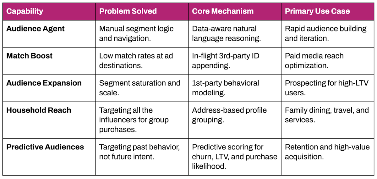 Table comparing five Rokt mParticle features by problem solved, core mechanism, and primary use case: Audience Agent (rapid audience building via natural-language reasoning), Match Boost (better paid reach via in-flight third-party ID appending), Audience Expansion (high-LTV prospecting via first-party behavioral modeling), Household Reach (address-based profile grouping for shared purchases), and Predictive Audiences (retention and acquisition via churn, LTV, and purchase-likelihood scoring).
