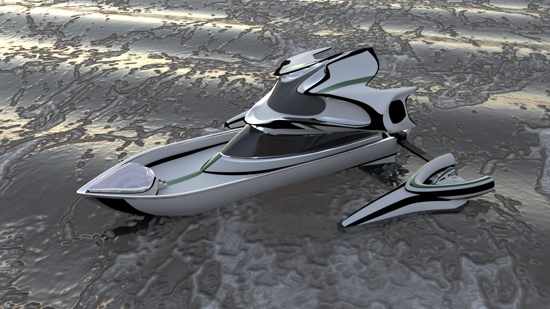 Modelado y renderizado de yate futurista en MAYA.