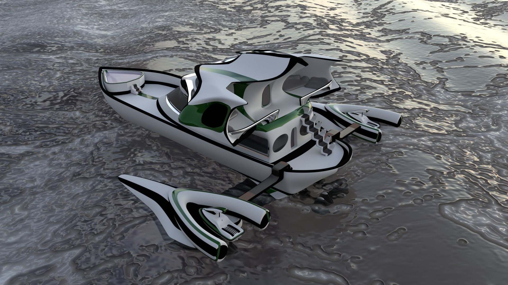 Modelado y renderizado de yate futurista en MAYA.