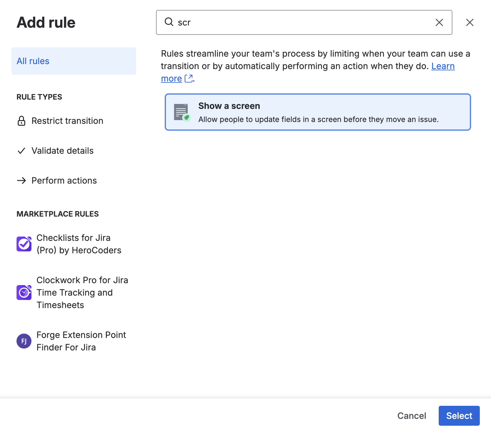 Jira Workflow Rule: Show a Screen