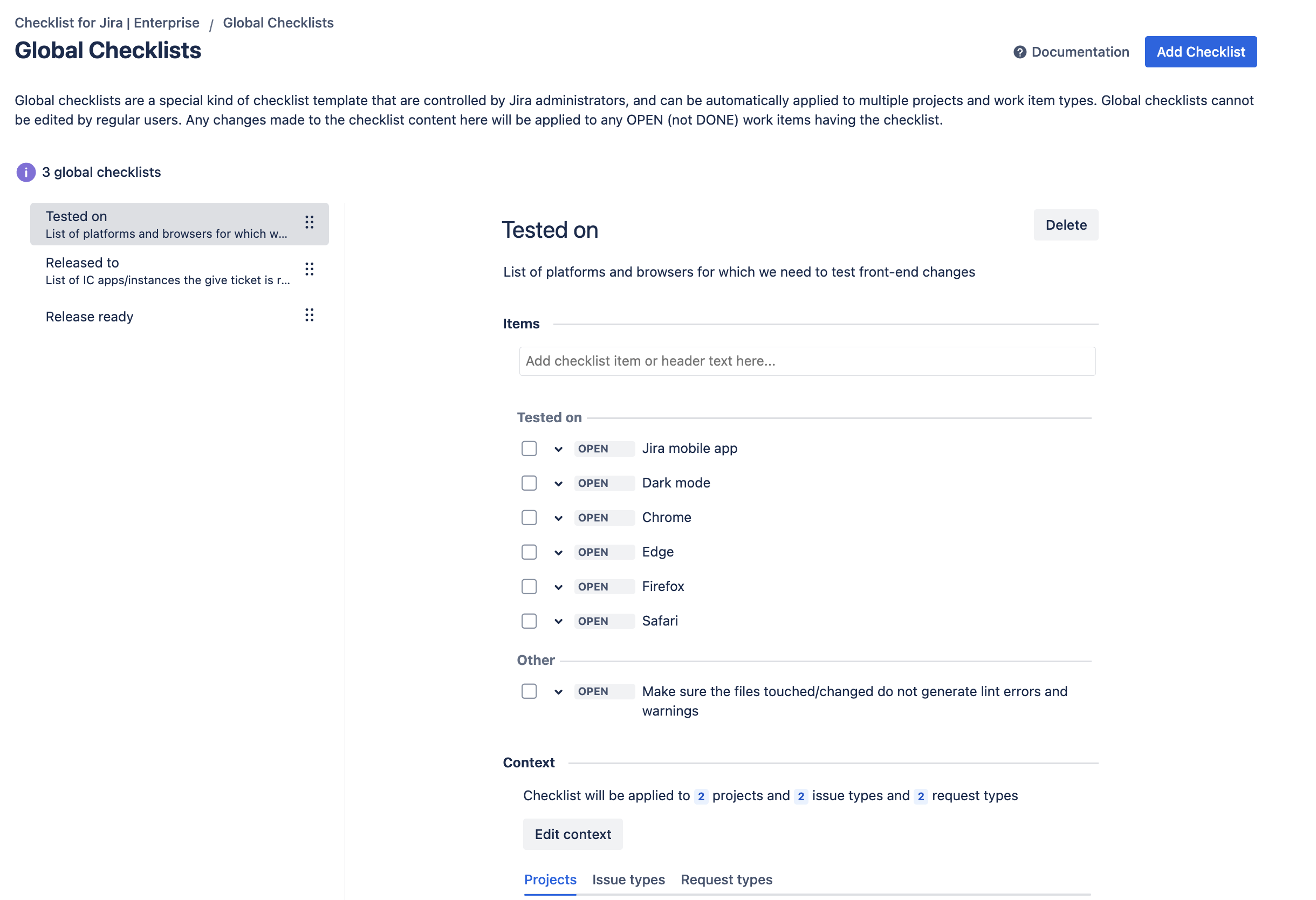 Checklists for Jira Enterprise: Global Checklist