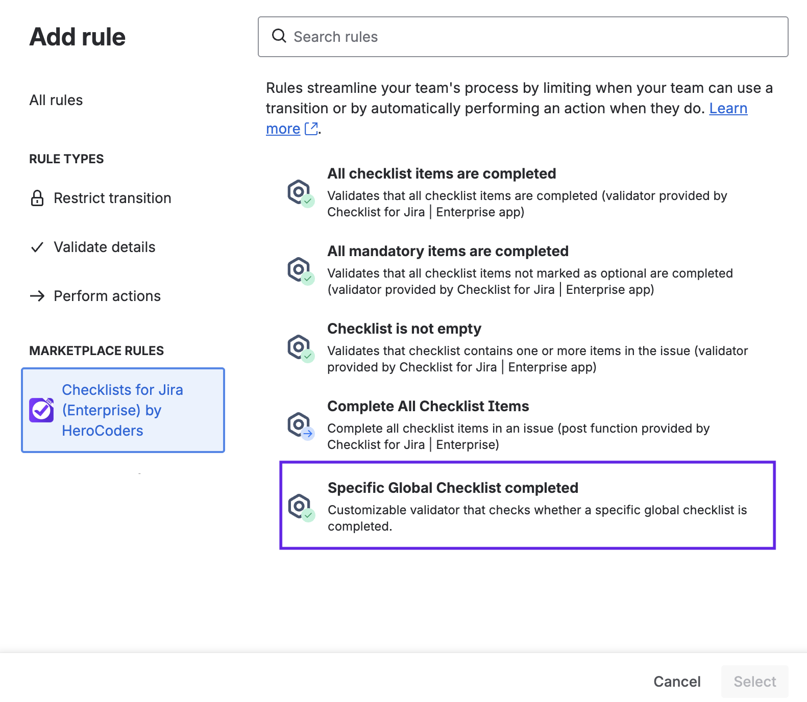 Checklists for Jira Enterprise: Workflow Validation Rule