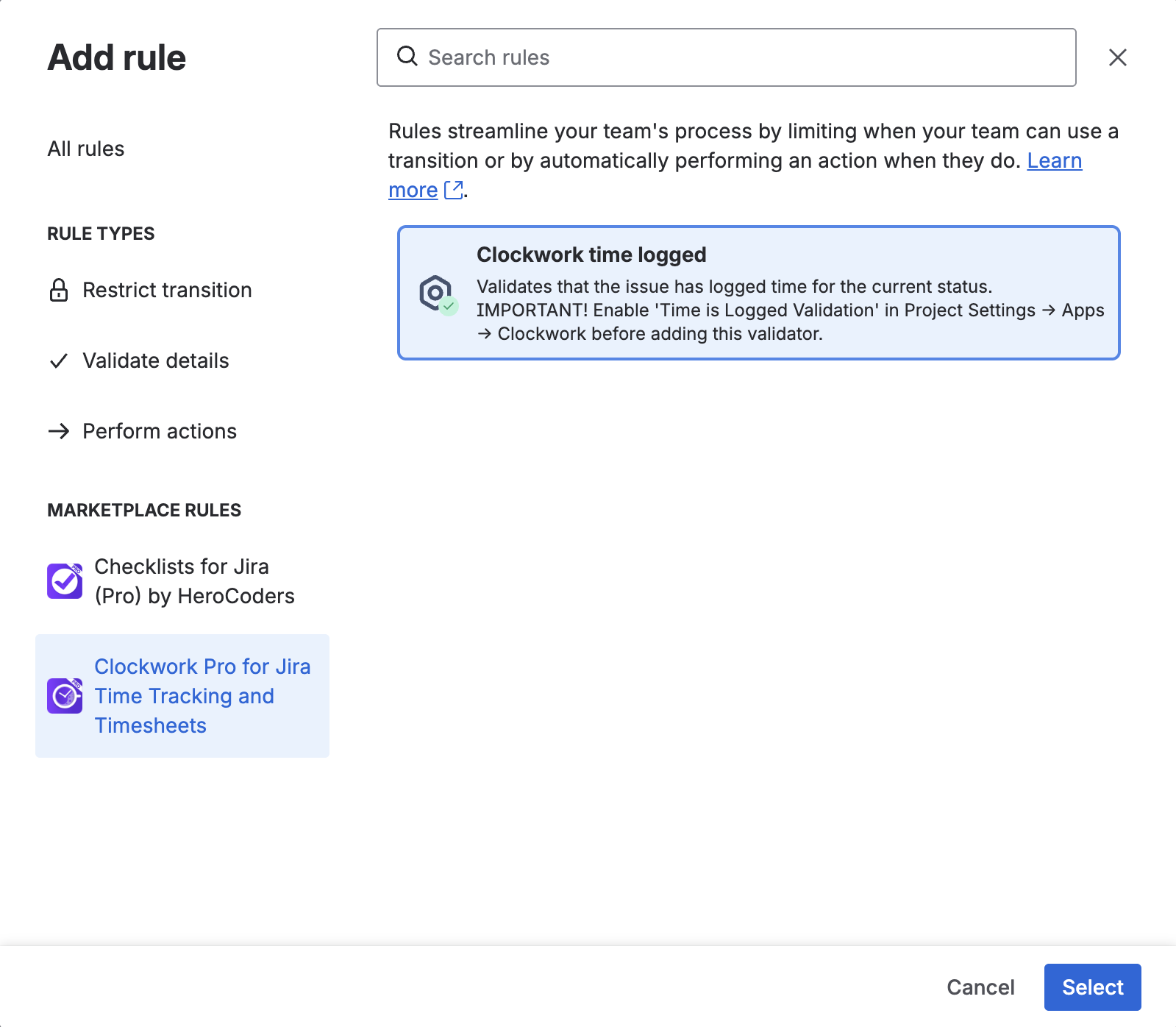 Clockwork for Jira: Time Logged Workflow Validation Rule Screenshot