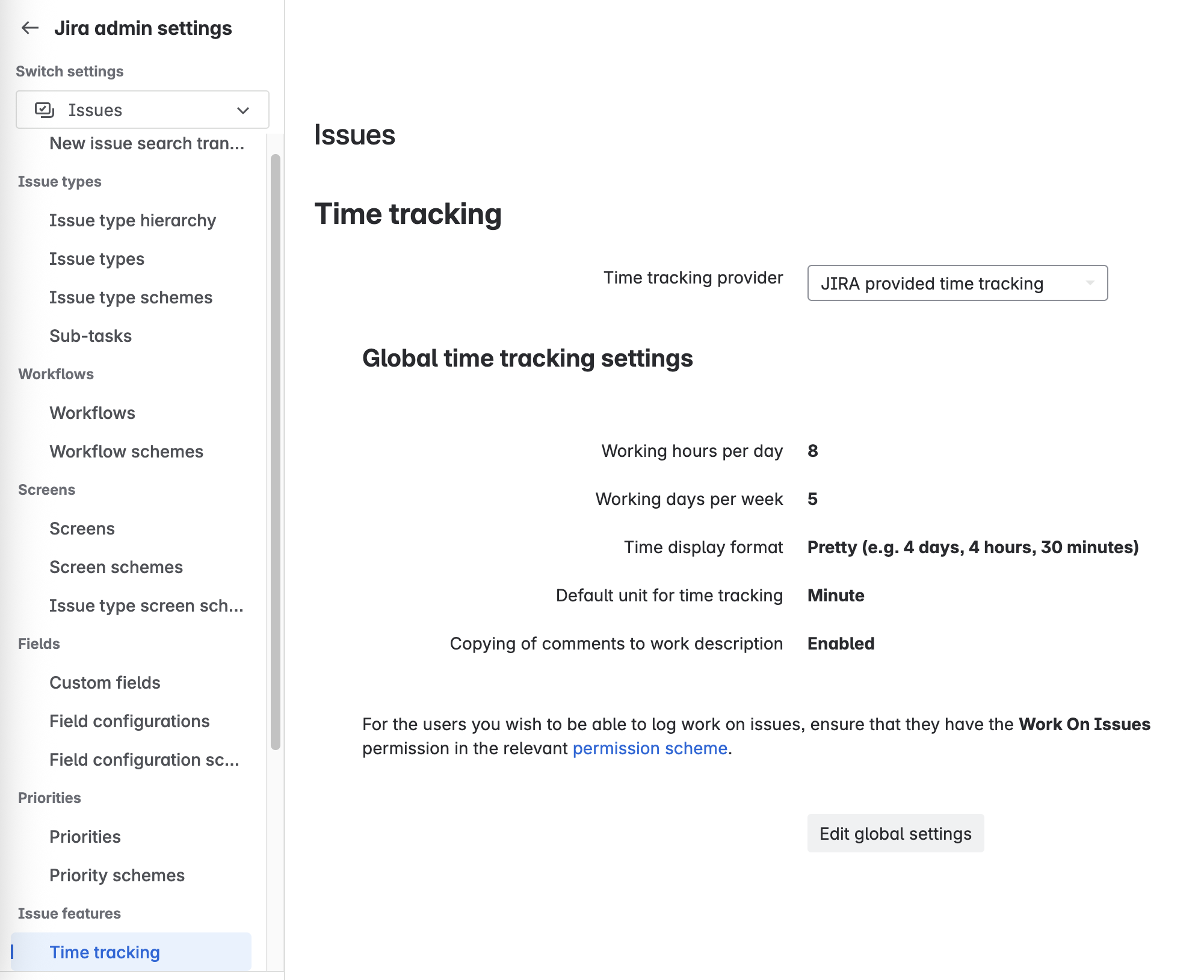 Jira Time Tracking Settings Screenshot