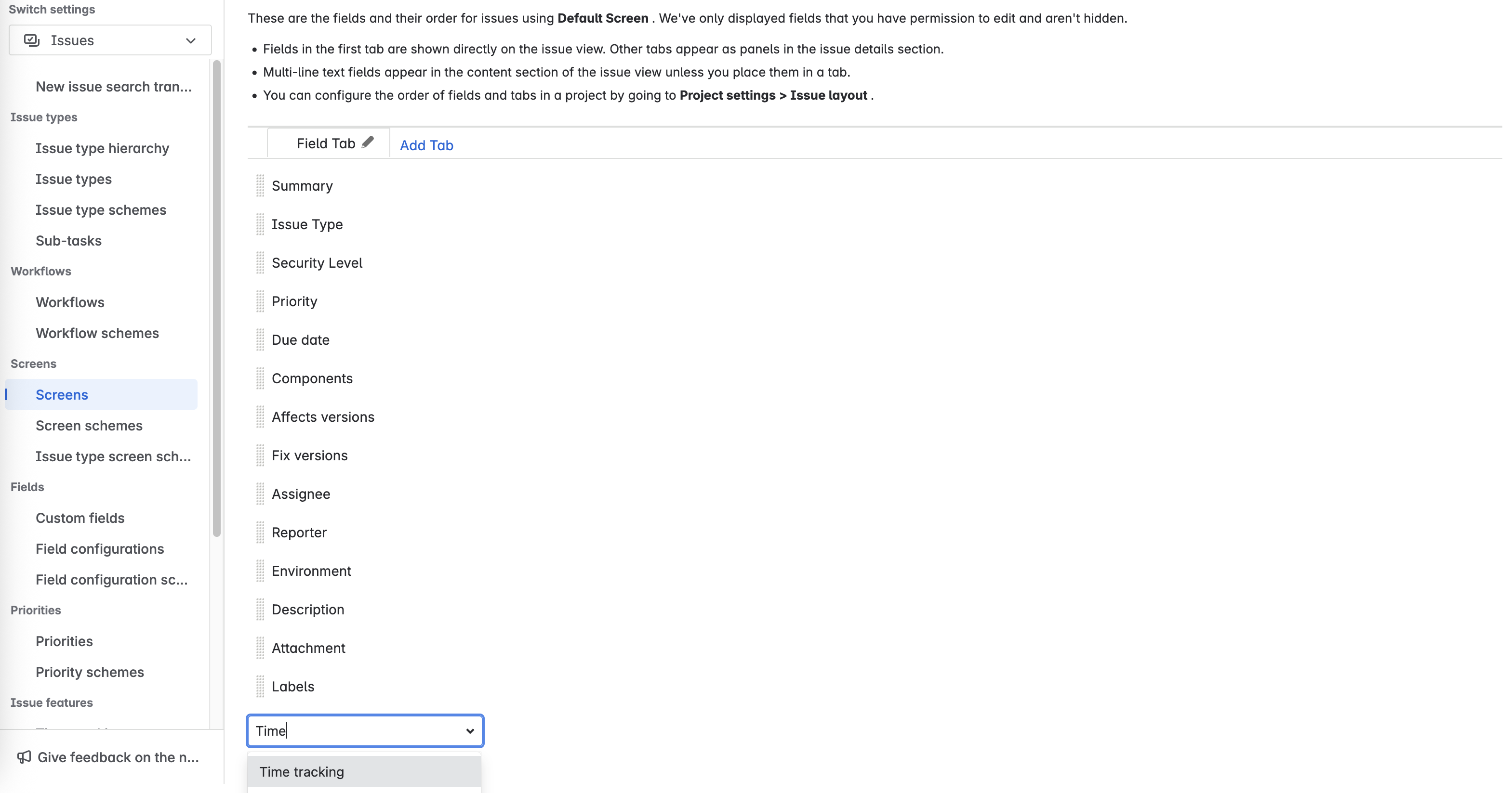 Screenshot: How to Add the Jira Time Tracking Field to a Screen