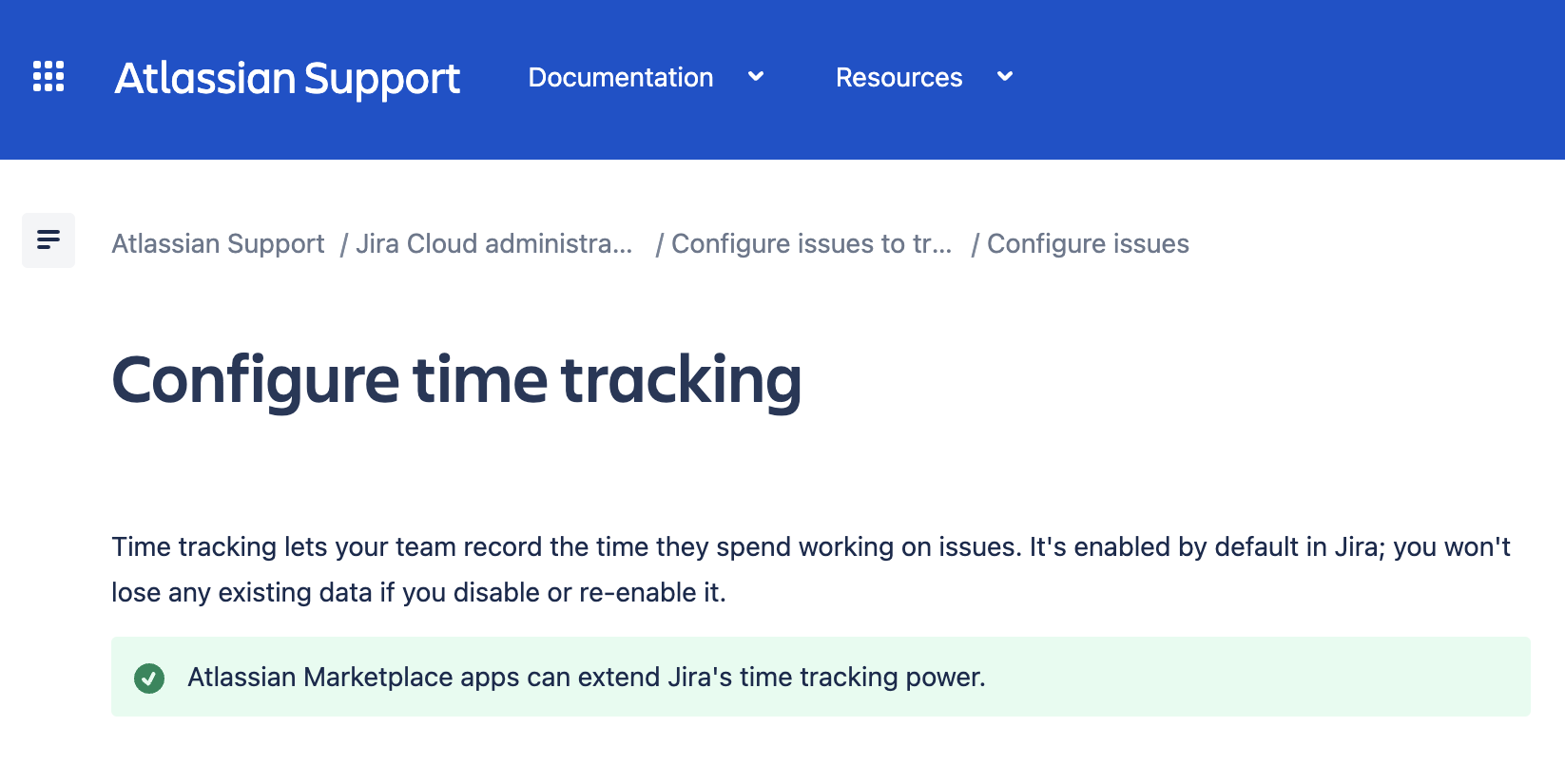 Atlassian Documentation recommending use of Marketplace App for time tracking.