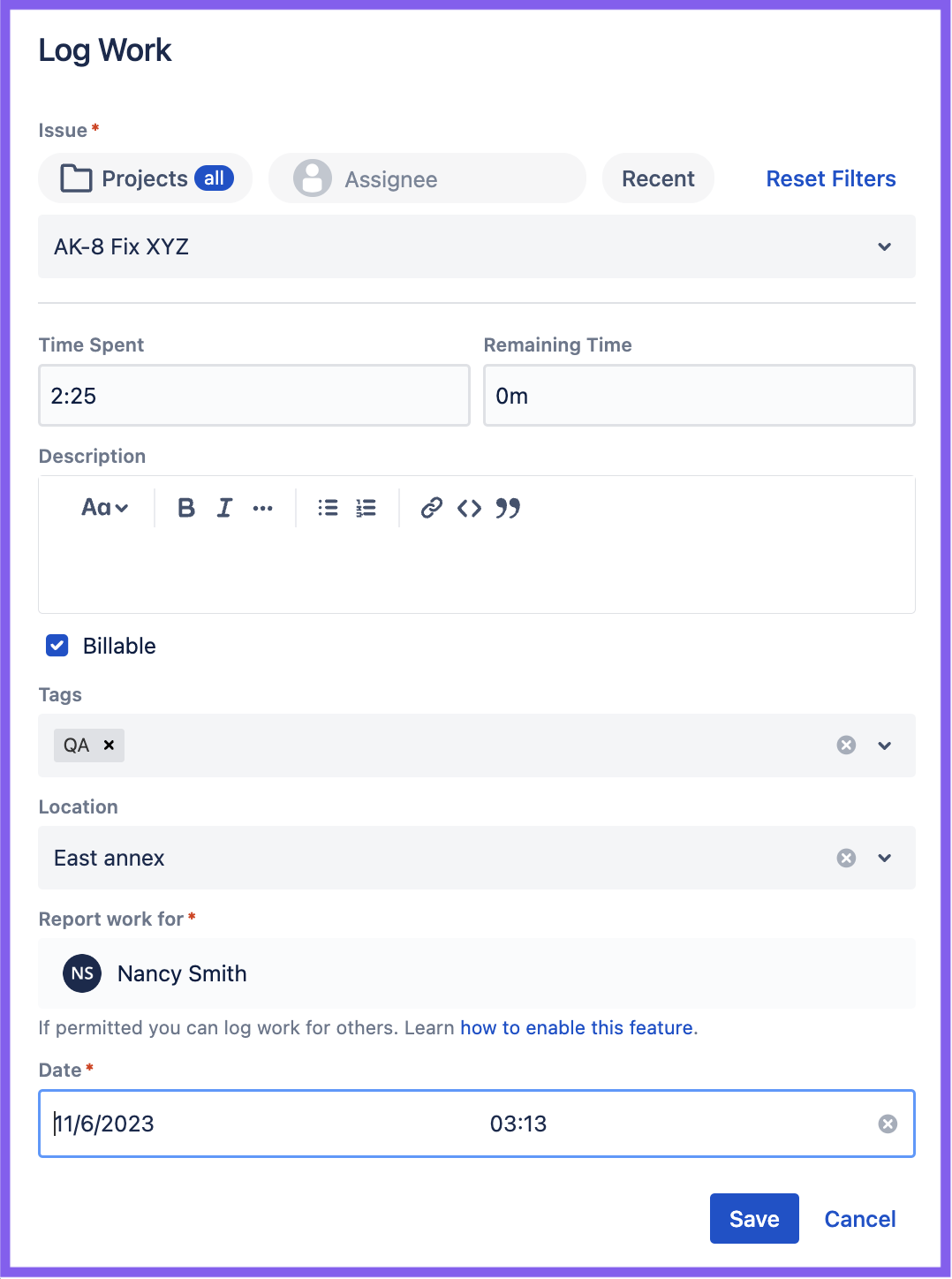 Clockwork Pro for Jira Worklog Screenshot