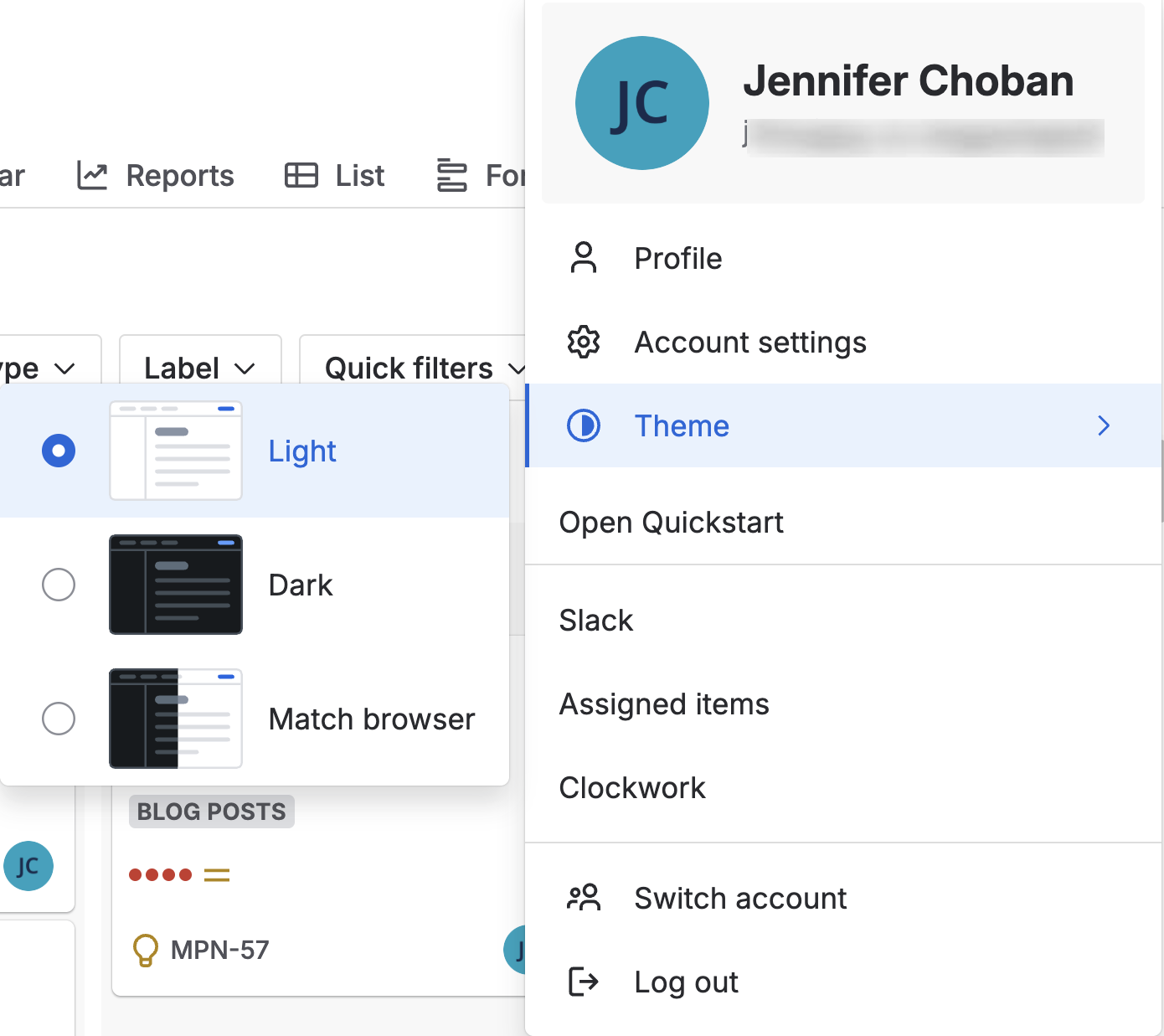 Screenshot of Jira Theme configuration