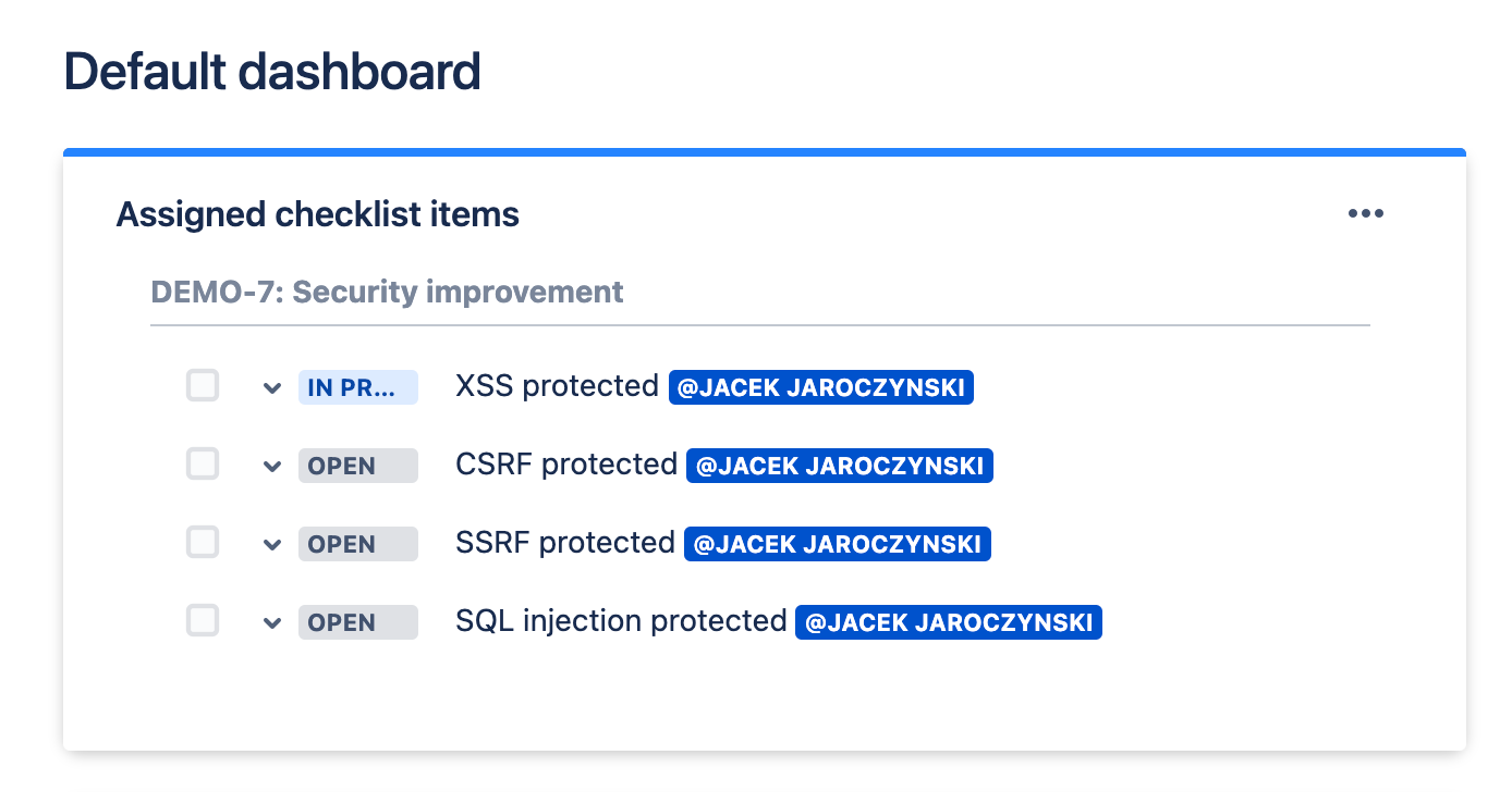 Checklists for Jira Dashboard Gadget Screenshot