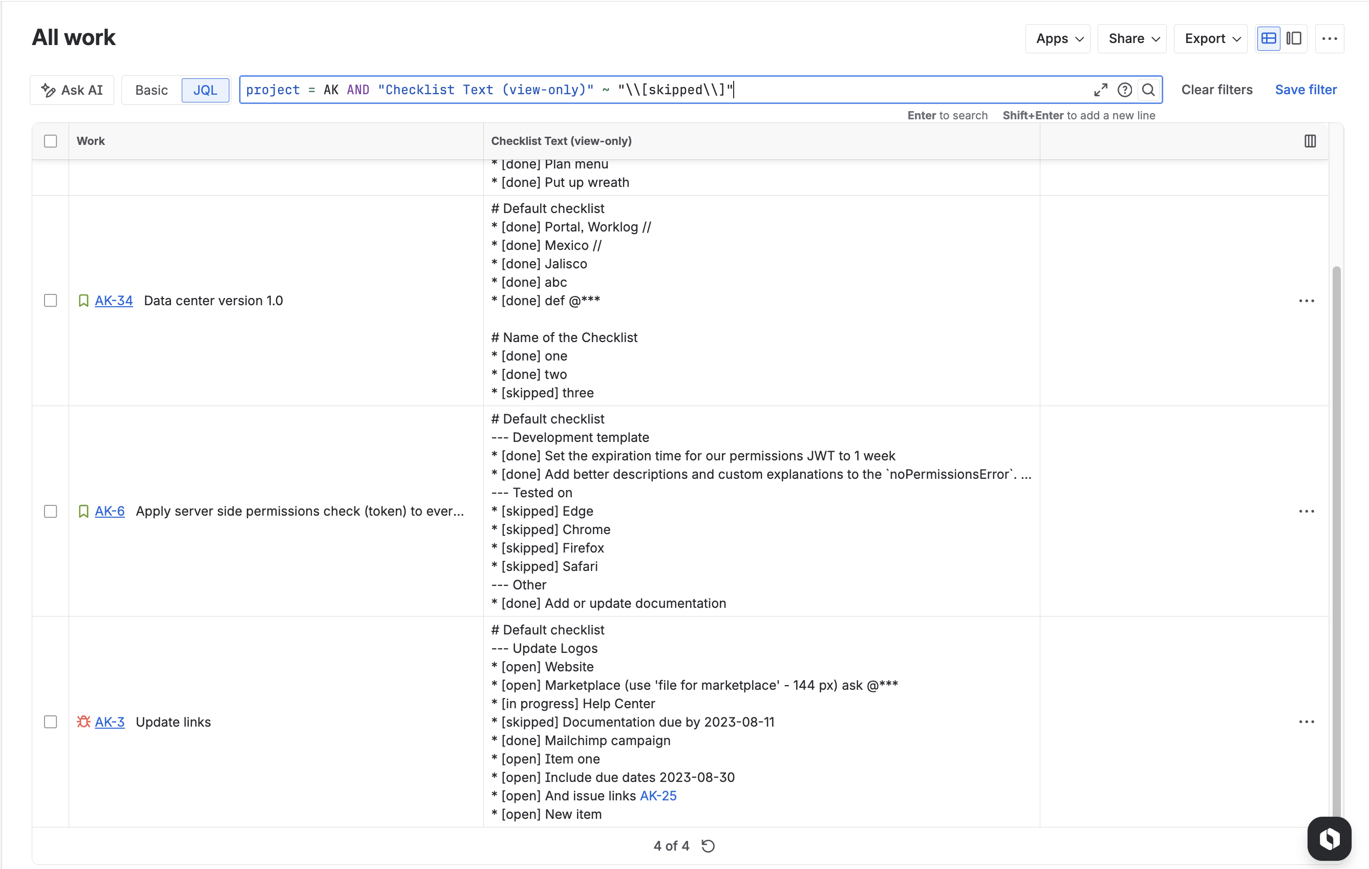Screenshot of Checklists in Jira Search Results