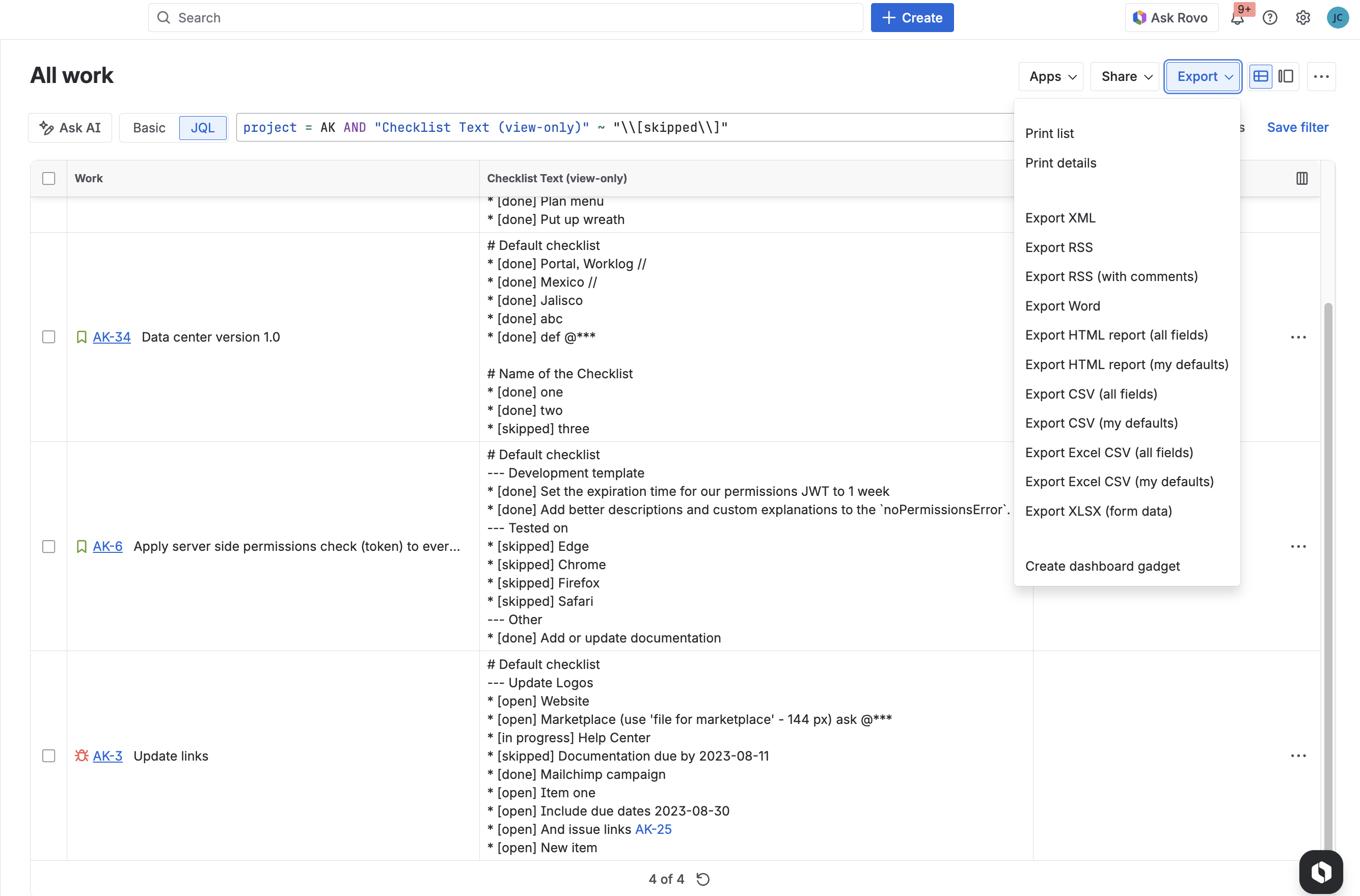 Screenshot of Jira Search Export Menu
