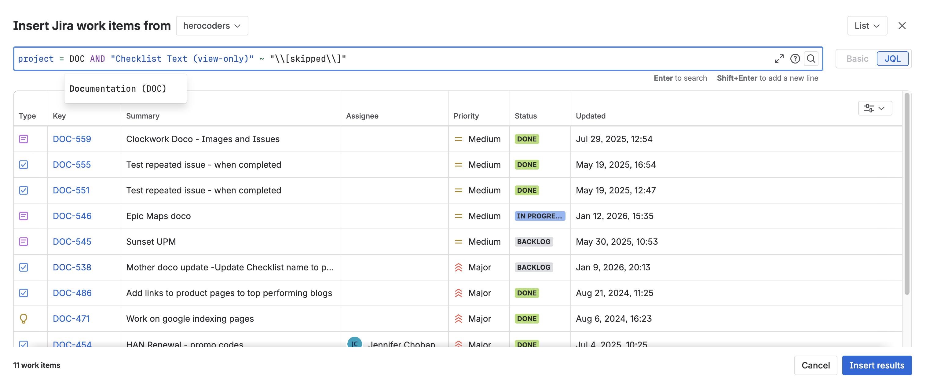 Screenshot of Jira Work Items Macro