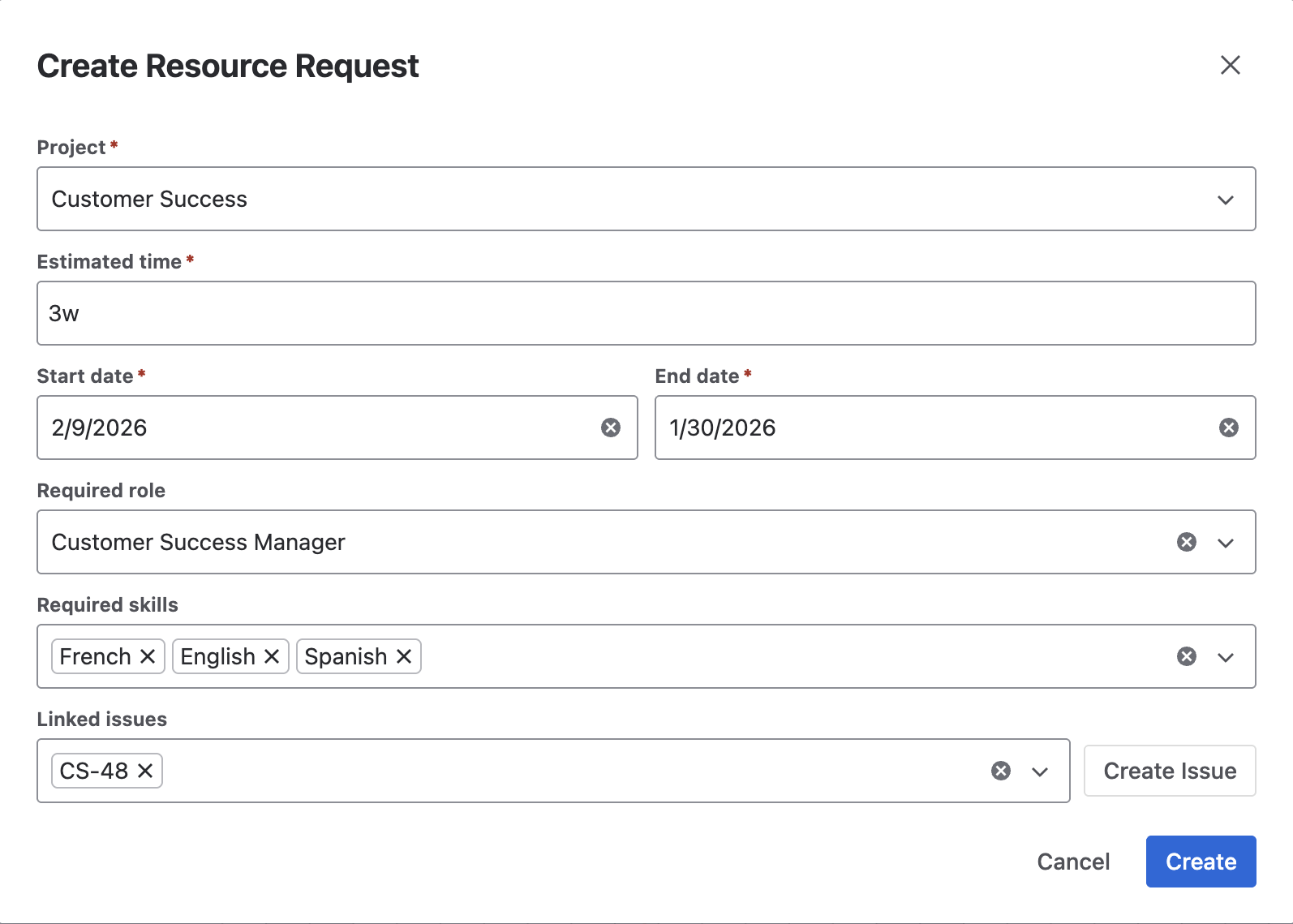 Screenshot: Create a resource request in Portfolio by HeroCoders