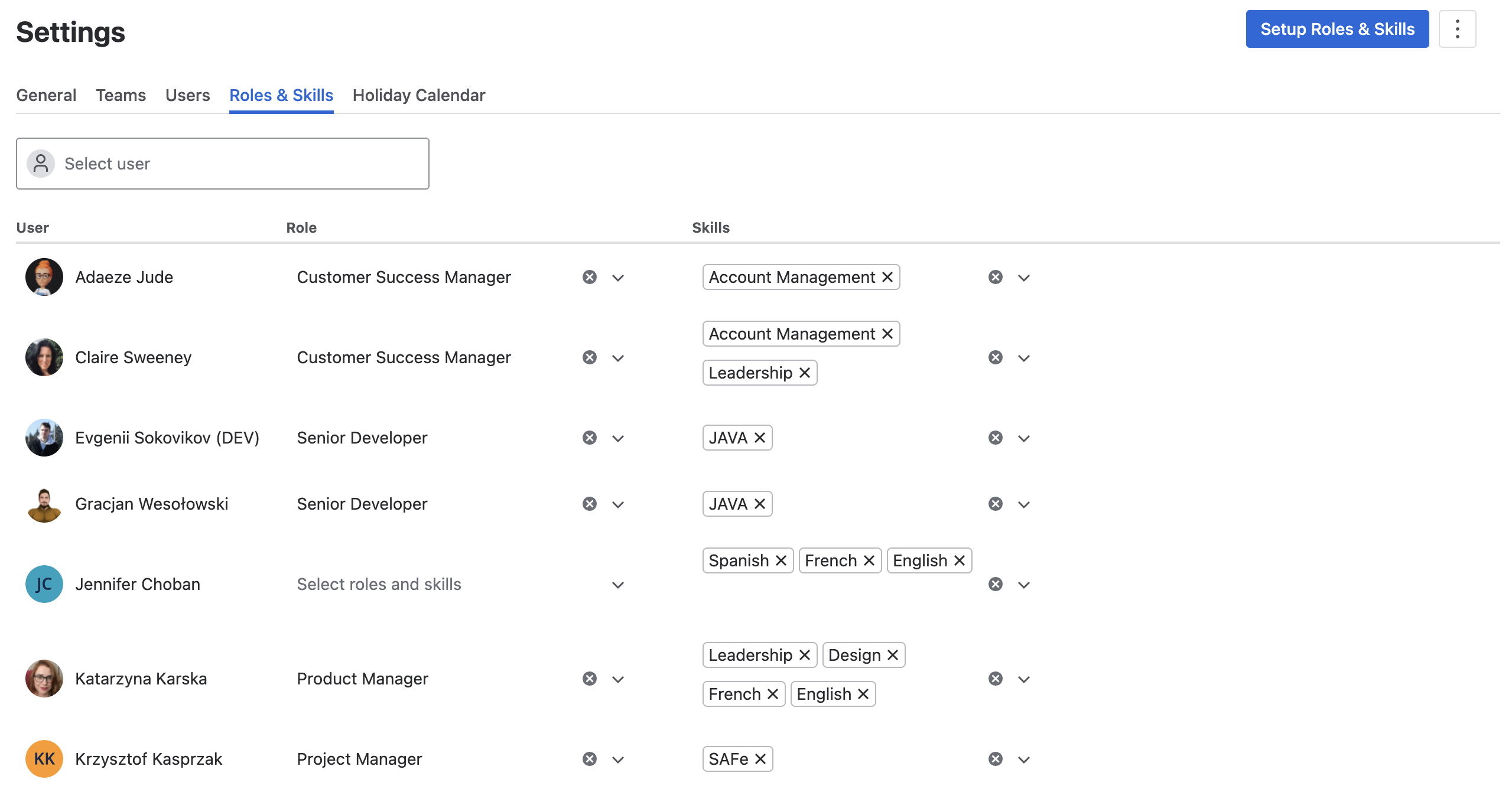 Screenshot: Associate Users with Roles and Skills