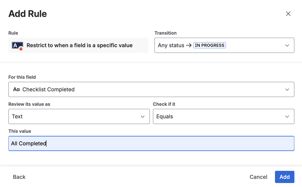 Checklists for Jira Restrict Transition Workflow Rule