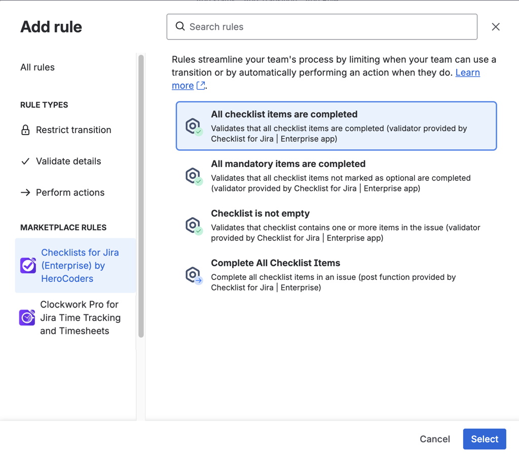 Checklists for Jira - All checklist items completed worktflow validation rule