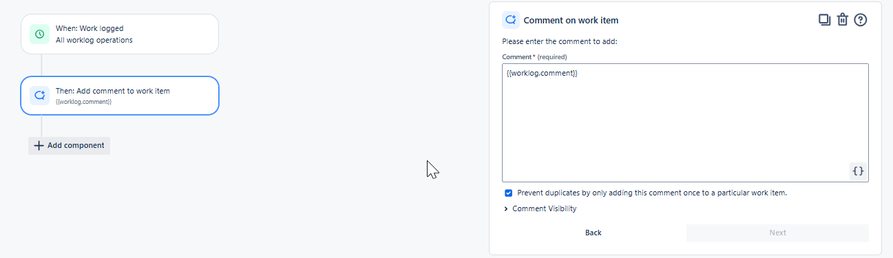Screeshot of a Jira Automation Rule to Copy the Worklog Description to Comments field