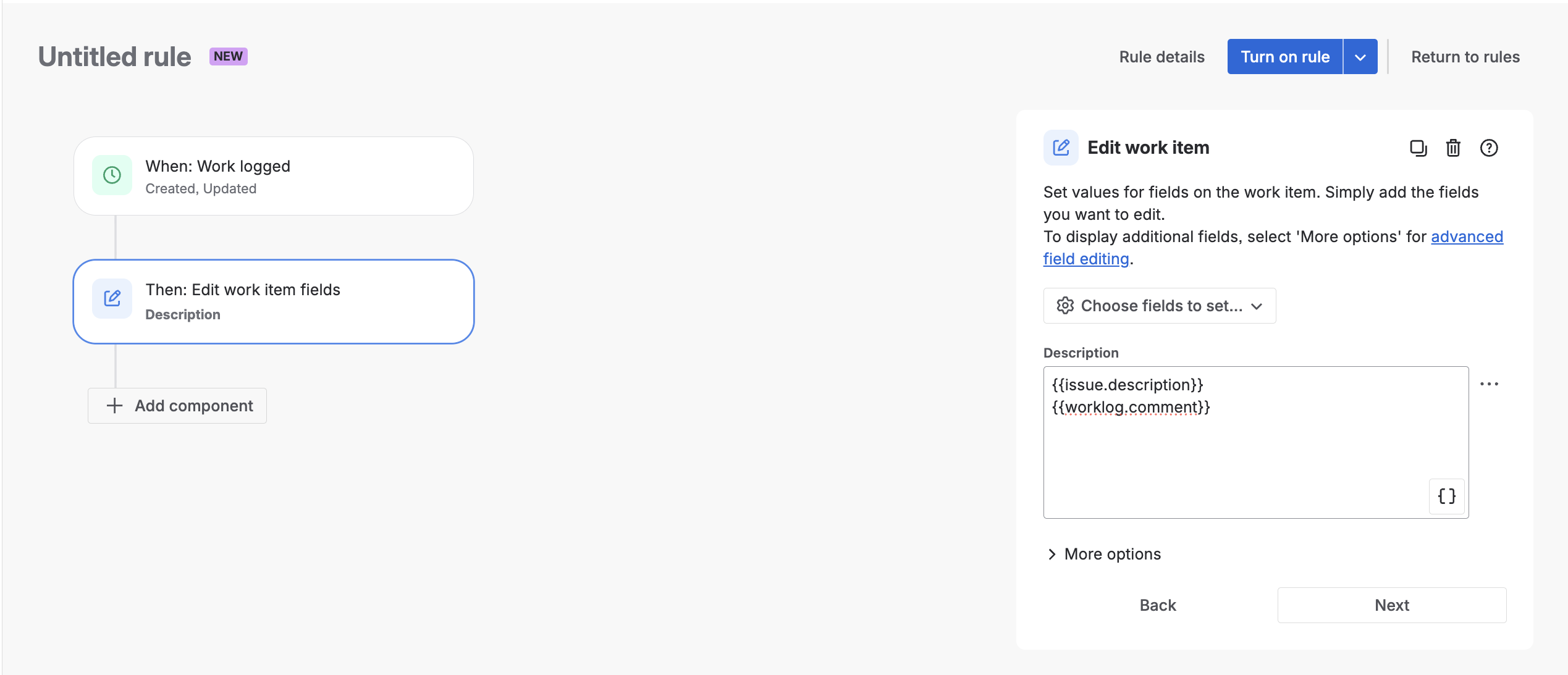 Screenshot fo Jira Automation Rule to Copy Worklog Description to Work Item Description Field