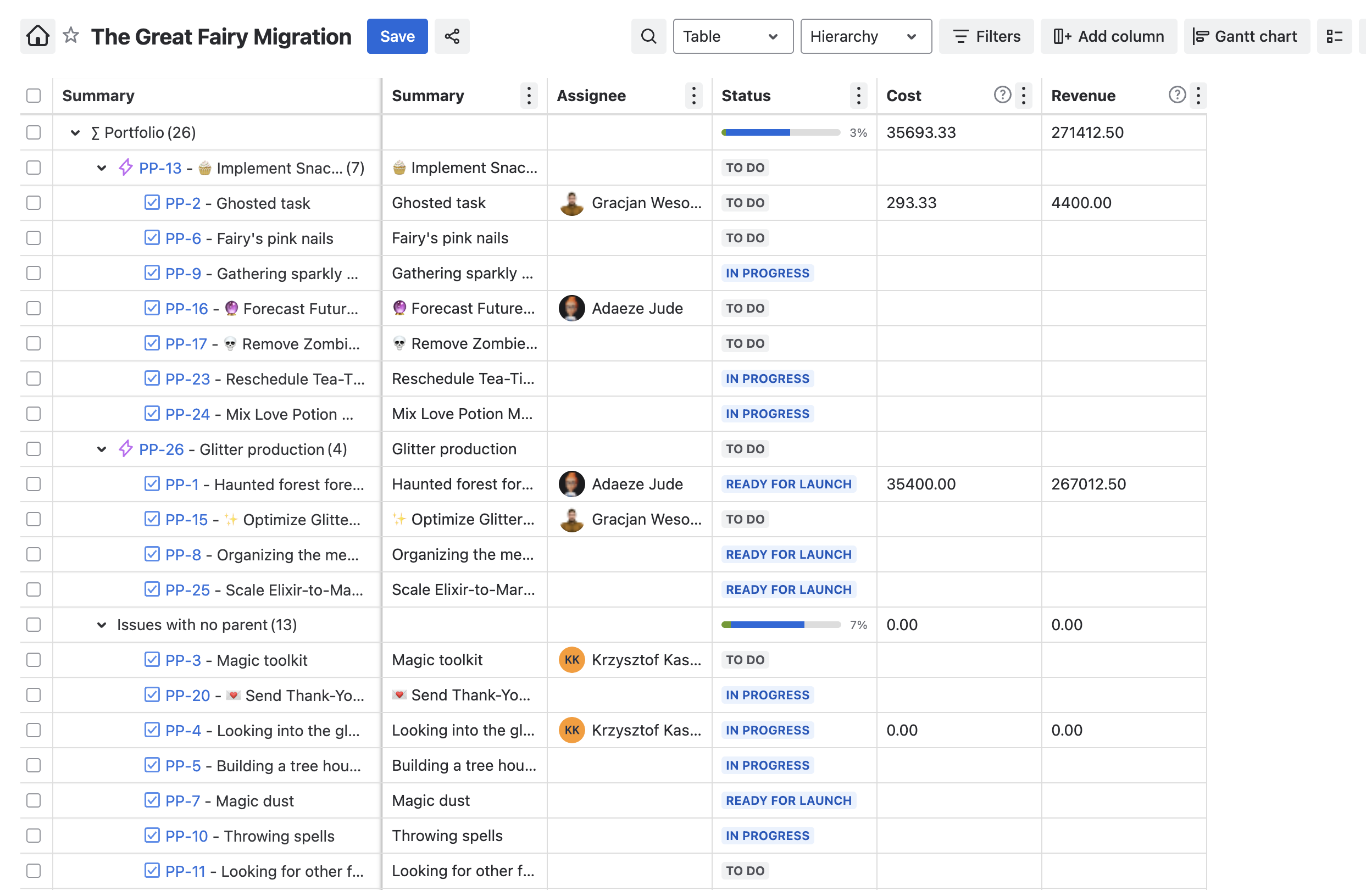 Screenshot of Portfolio by HeroCoders with Cost and Revenue fields included