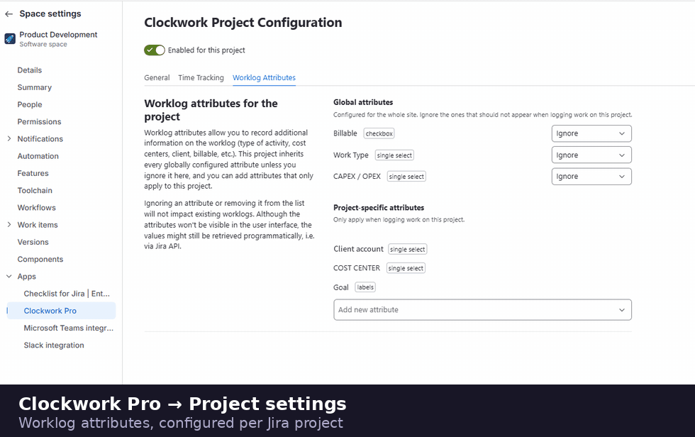 Clockwork Pro project settings showing global and project-specific worklog attributes