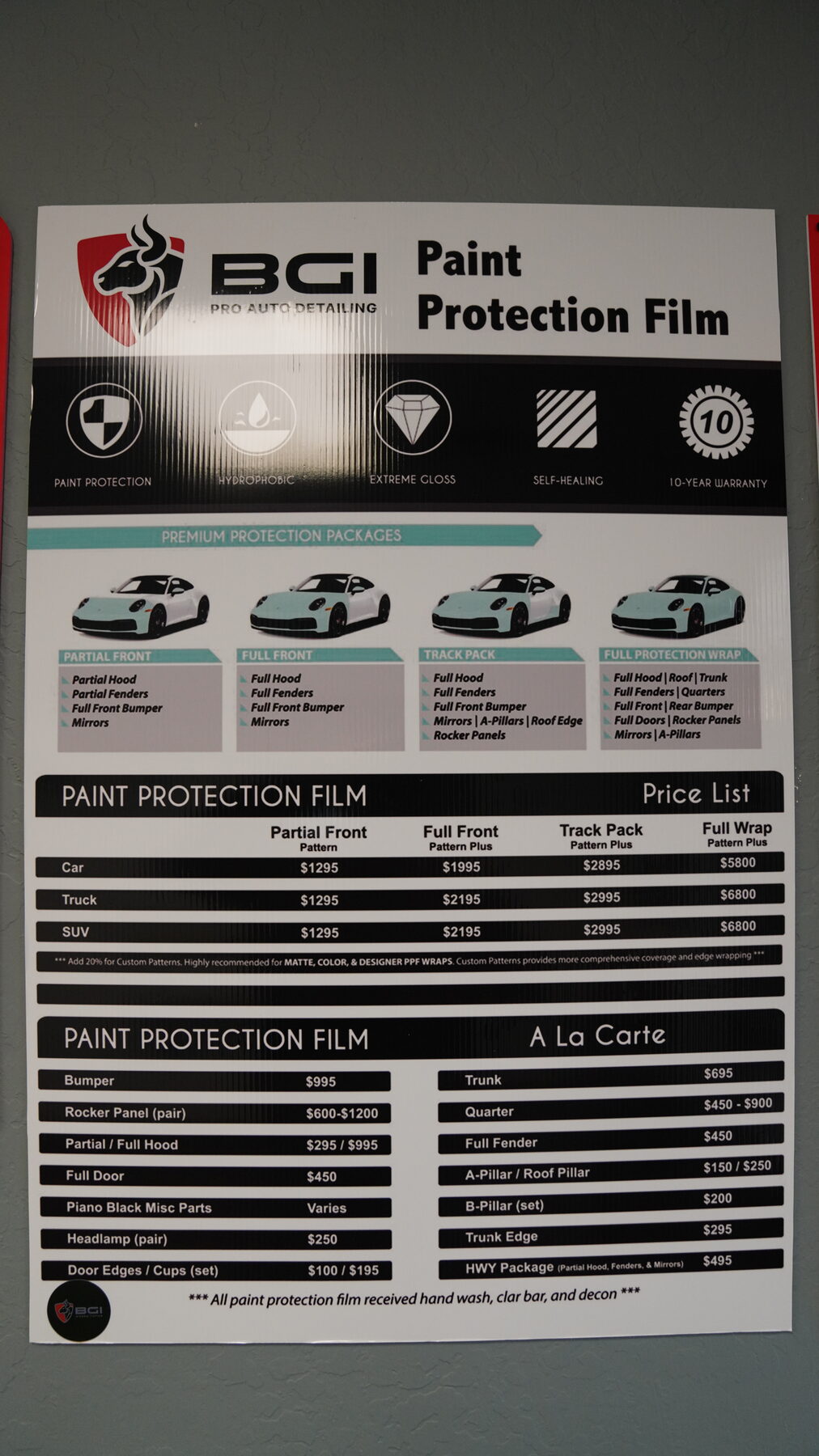 BGI paint protection film coverage and pricing options