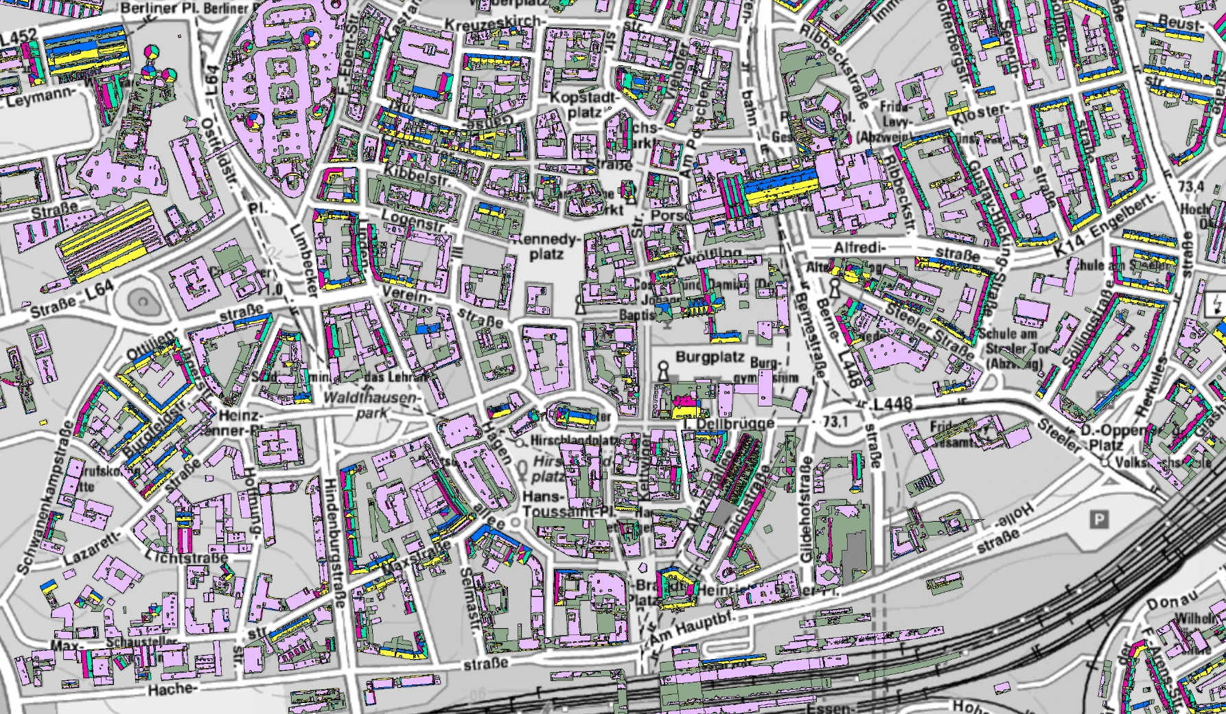 Das Solardachkataster ist eine Karte der Stadt. Das Potenzial, Energie zu produzieren, wurde für jedes Dach ermittelt und farbig gekennzeichnet.