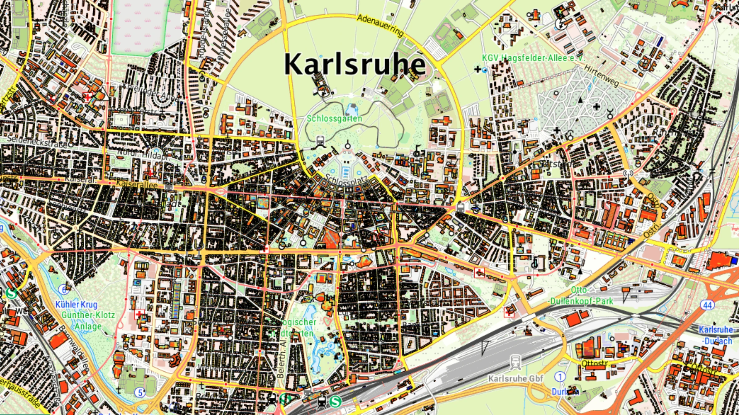 Der Solaratlas zeigt eine Karte von Karlsruhe mit eingefärbten Potenzialen.