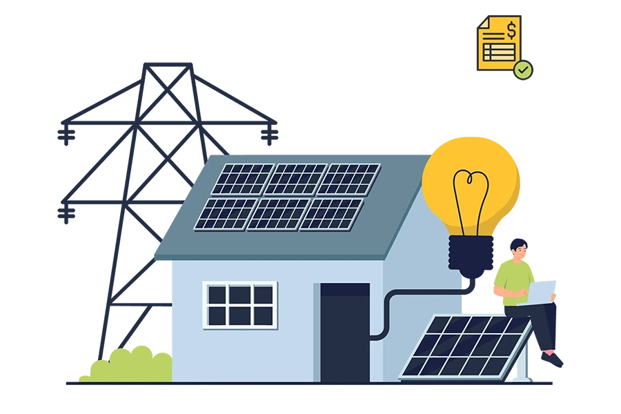 Illustration einer Solaranlage auf einem Haus in Düsseldorf mit Förderungs- und Geldsymbol, Person arbeitet am Laptop