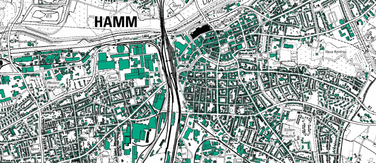 Karte von Hamm mit farbig markierten Dachflächen, die das Solarpotenzial für Photovoltaik zeigen. 