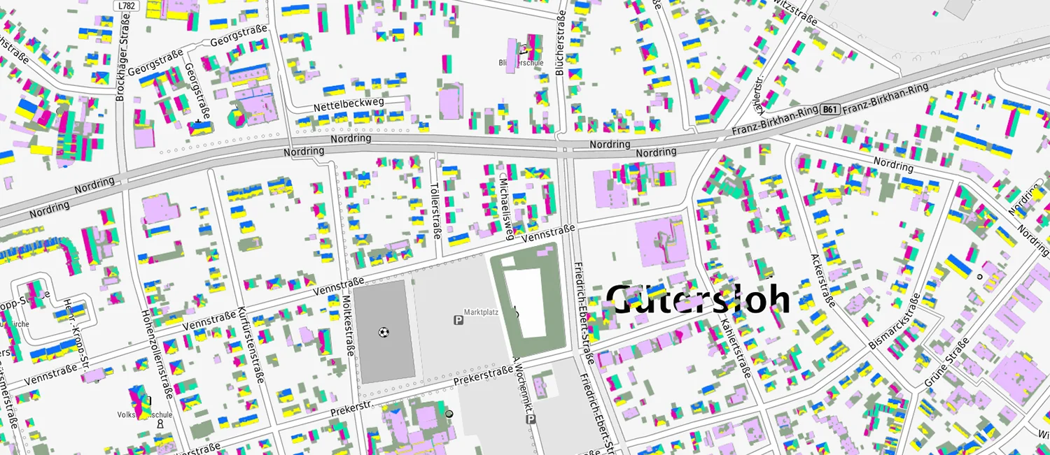 Karte des Kreises Gütersloh mit farbig markiertem Solarpotenzial der einzelnen Dächer. 