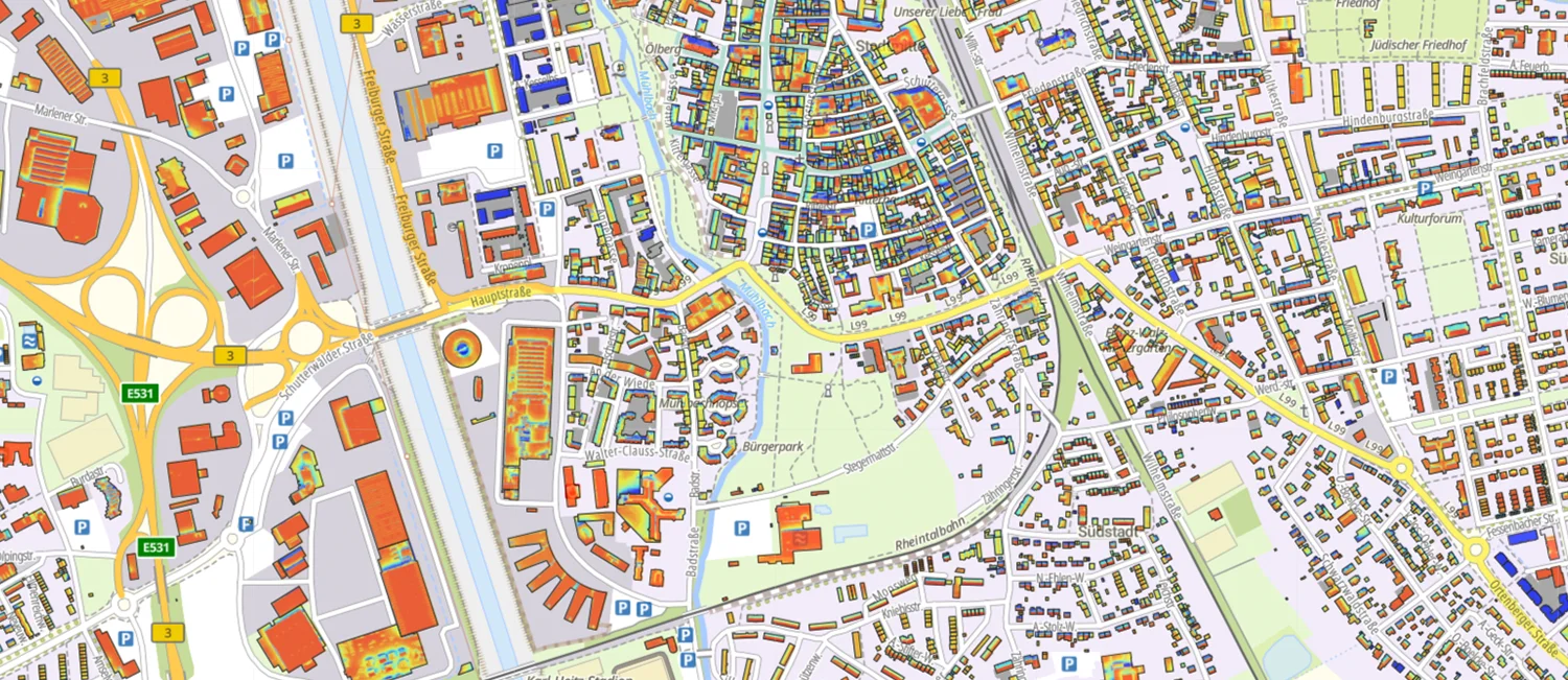 Das Solardachkataster der Stadt Offenburg zeigt das Potenzial einzelner Dächer für die Produktion von Solarstrom