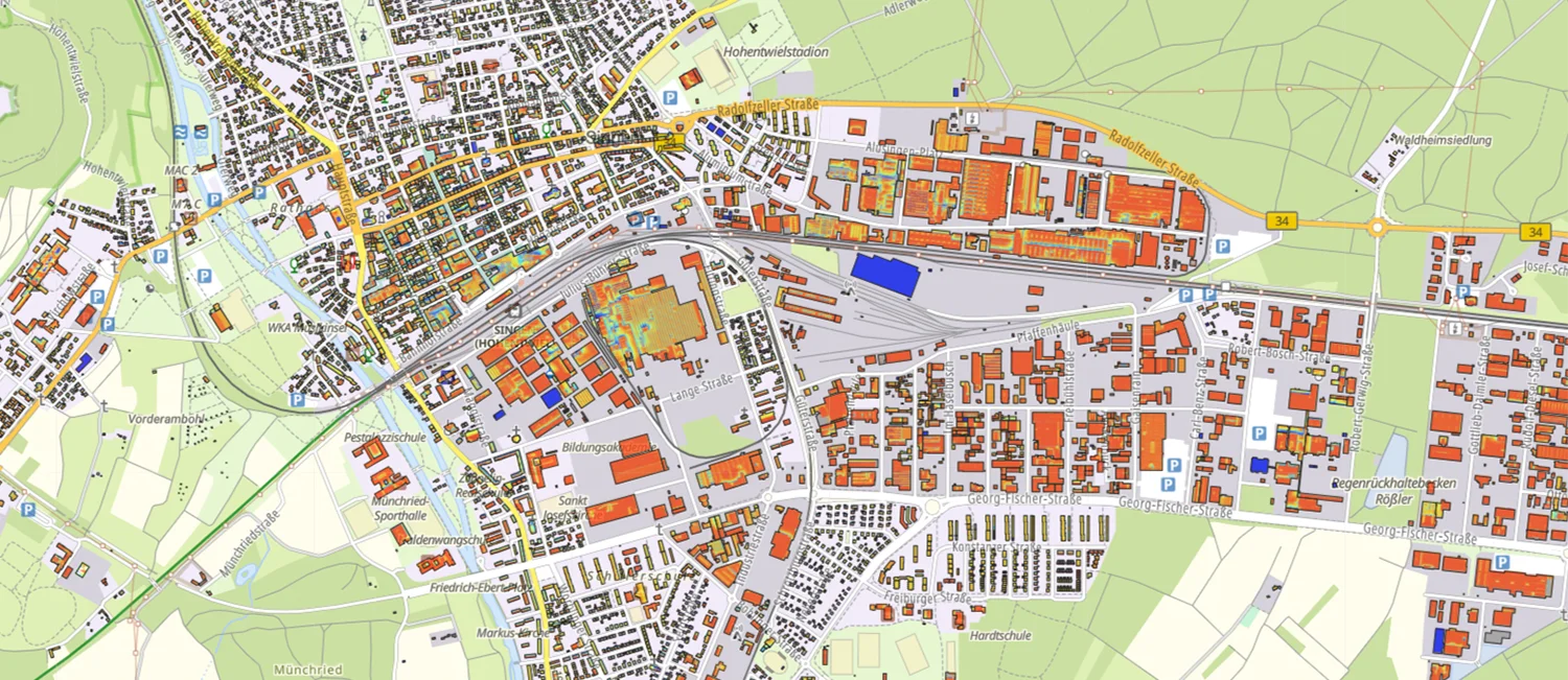 Karte des Solarpotenzials auf den Dächern im Stadtgebiet Singen am Hohentwiel. 