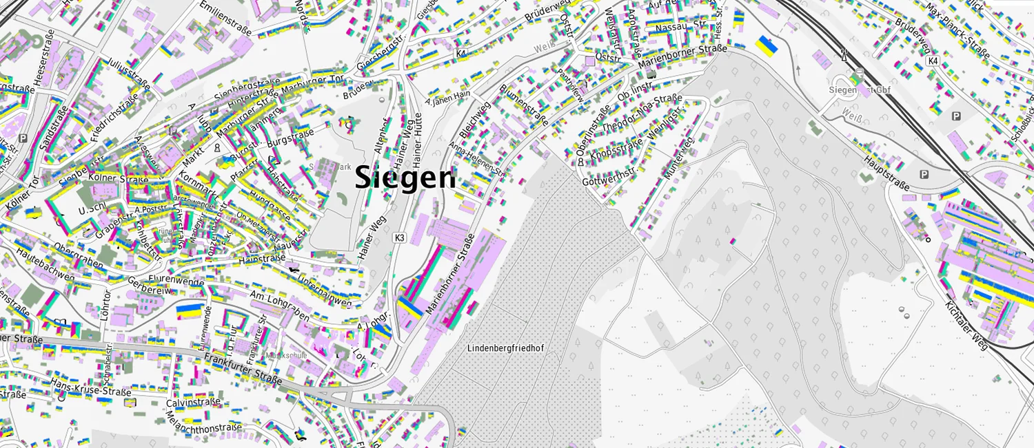 Karte von Siegen mit farbig markierten Dachflächen, die das Solarpotenzial im Energieatlas NRW zeigen. 