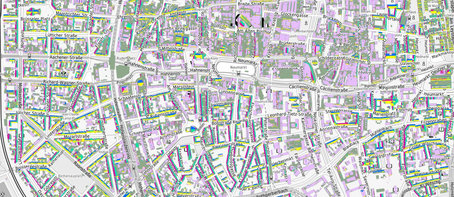Interaktive Karte des Kölner Solarkatasters mit farbig markierten Dachflächen je nach Solarpotenzial.