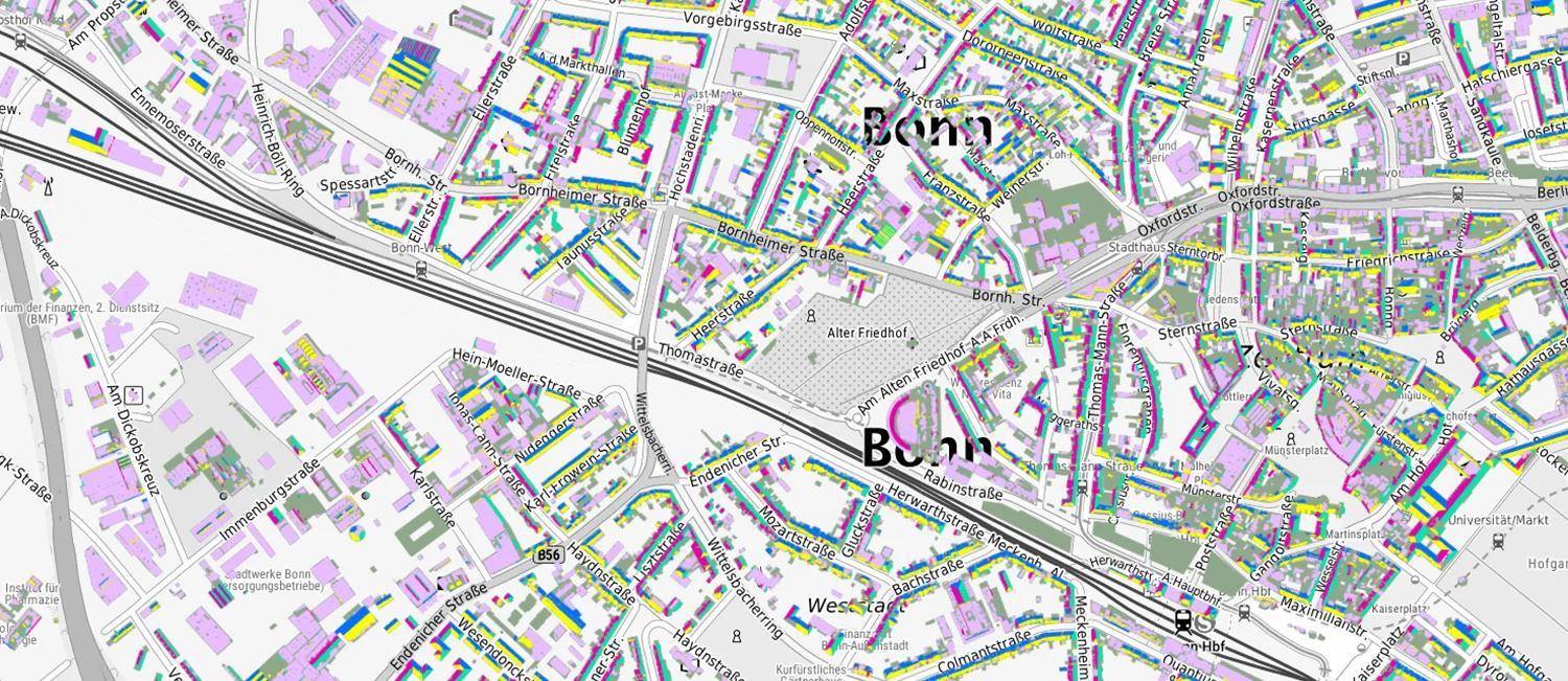 Karte von Bonn im Solarkataster NRW mit farbig markierten Dachflächen nach Solarpotenzial.