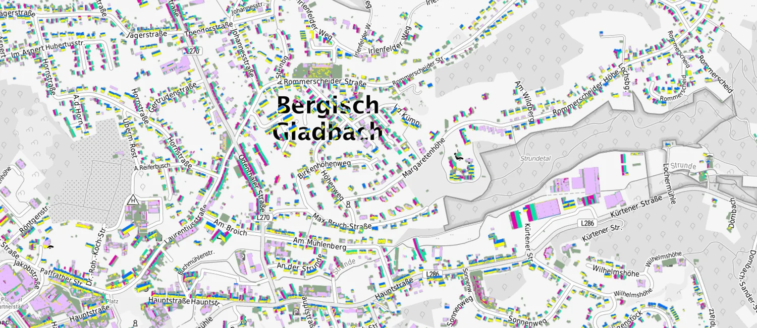 Karte des Solarpotenzialkatasters mit farbig markierten Dachflächen in Bergisch Gladbach.