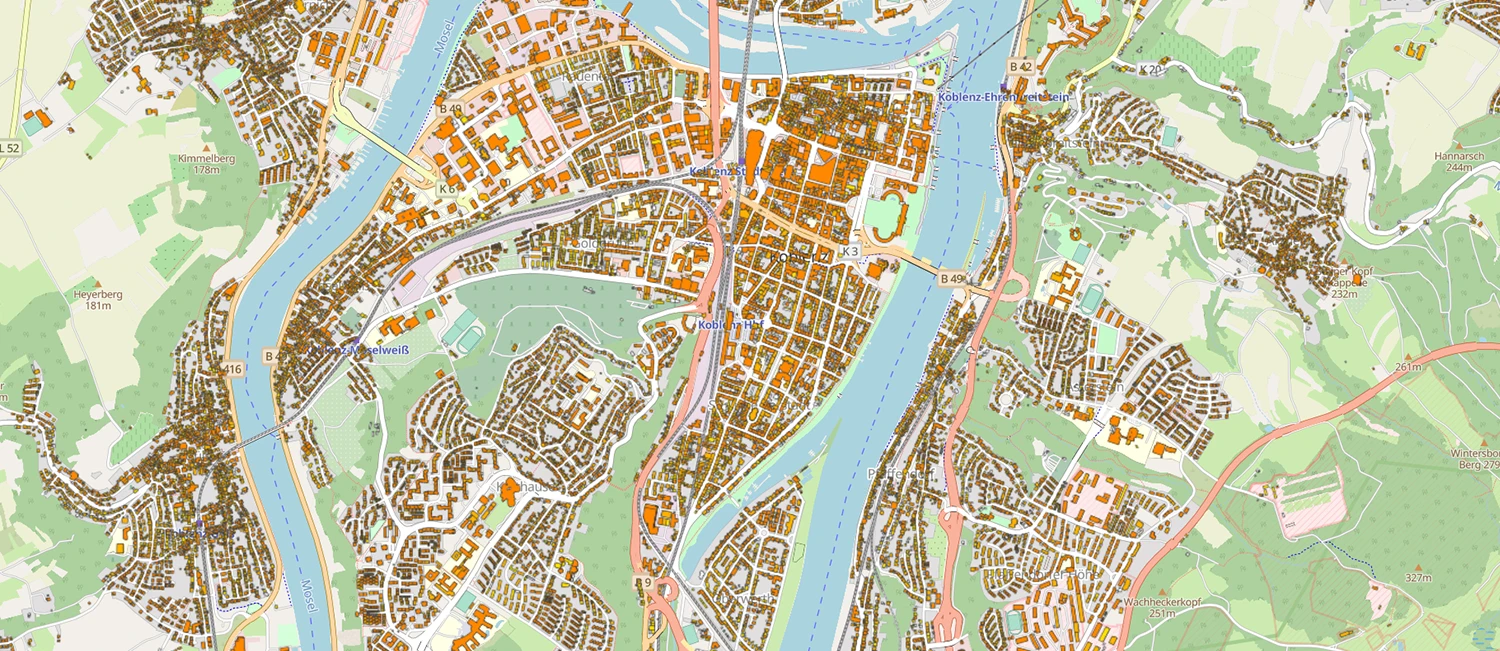 Das Solardachkataster der Stadt Koblenz zeigt auf einer Karte das Solarpotenzial jeder Dachfläche farblich markiert.