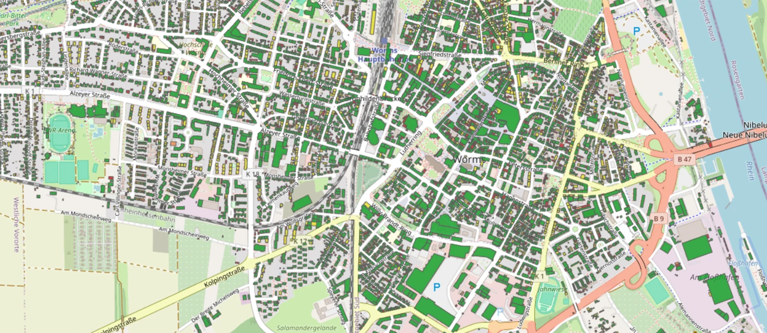 Das Solarkataster der Stadt Worms zeigt farbig markierte Dachflächen mit ihrem Potenzial für Photovoltaik. 