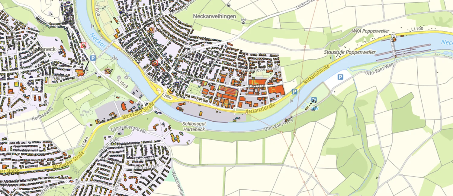 Kartenausschnitt mit farbig markierten Dachflächen und ihrem Solarpotenzial in Ludwigsburg.