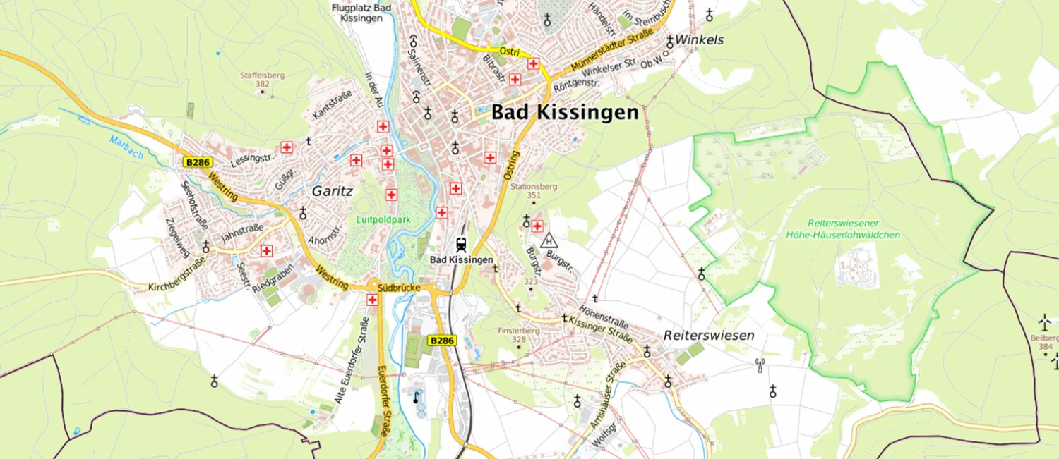 Karte des Landkreises Bad Kissingen mit farblich markiertem Solarpotenzial der einzelnen Dachflächen. 